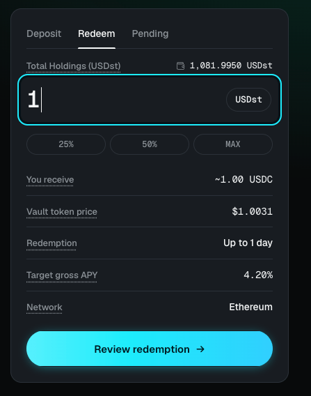 The Withdraw tab showing your receipt-token holdings, the amount field with 25%, 50%, and MAX shortcuts, and the USDC you will receive