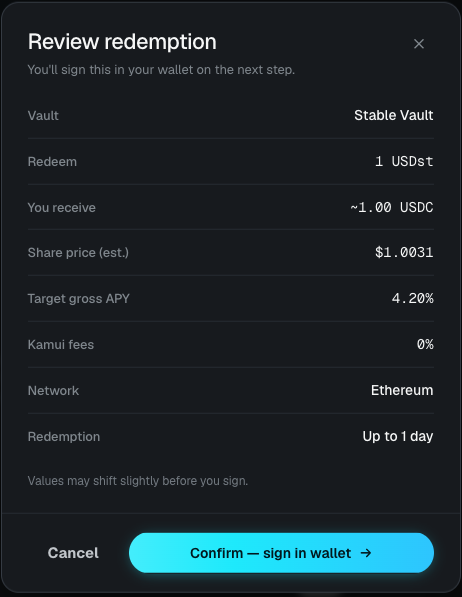 The review dialog showing the receipt tokens to withdraw, the USDC to be received, the vault, the locked share price, the network, and the estimated withdrawal window
