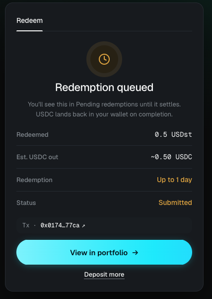 The panel showing the withdrawal request queued, with a View in portfolio button