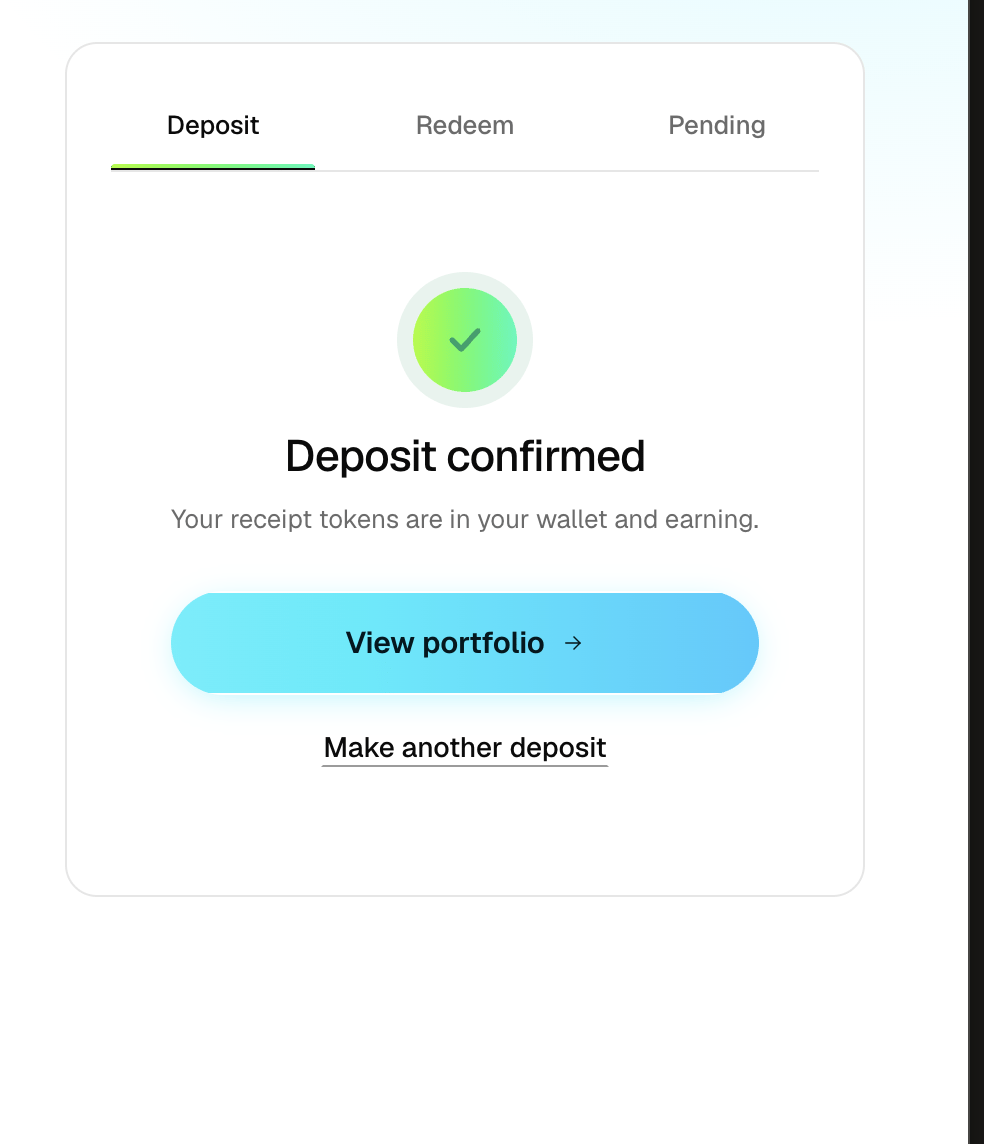 The panel showing Deposit confirmed with a View portfolio button and a Make another deposit link