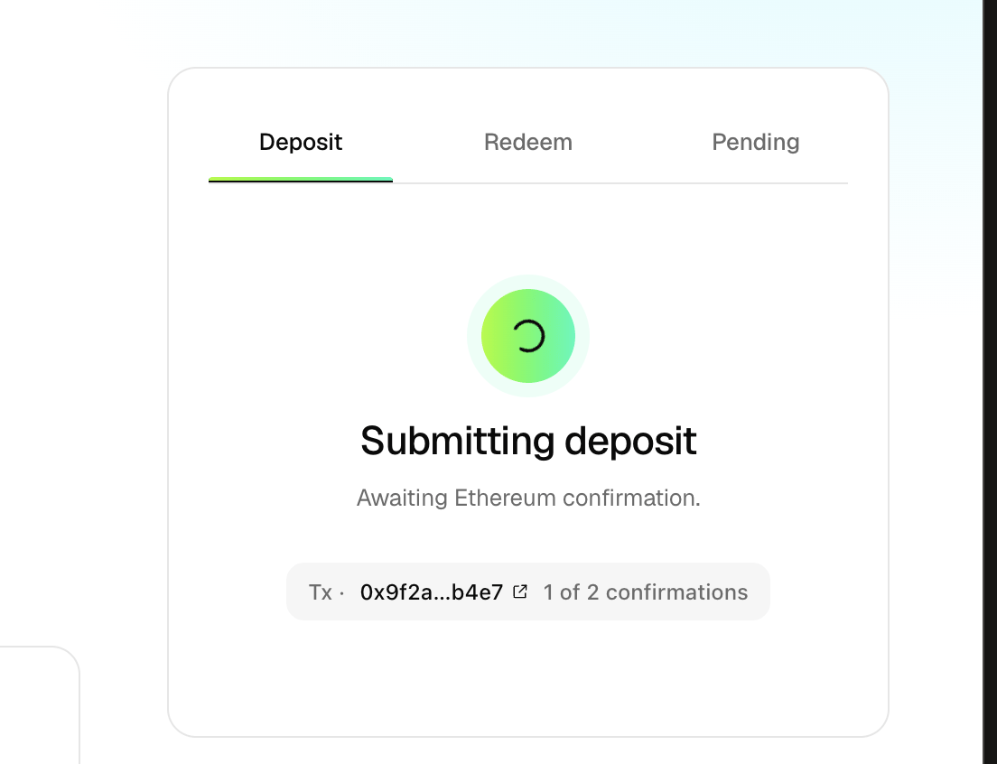 The panel showing Submitting deposit, Awaiting Ethereum confirmation, with the transaction hash and a confirmation counter