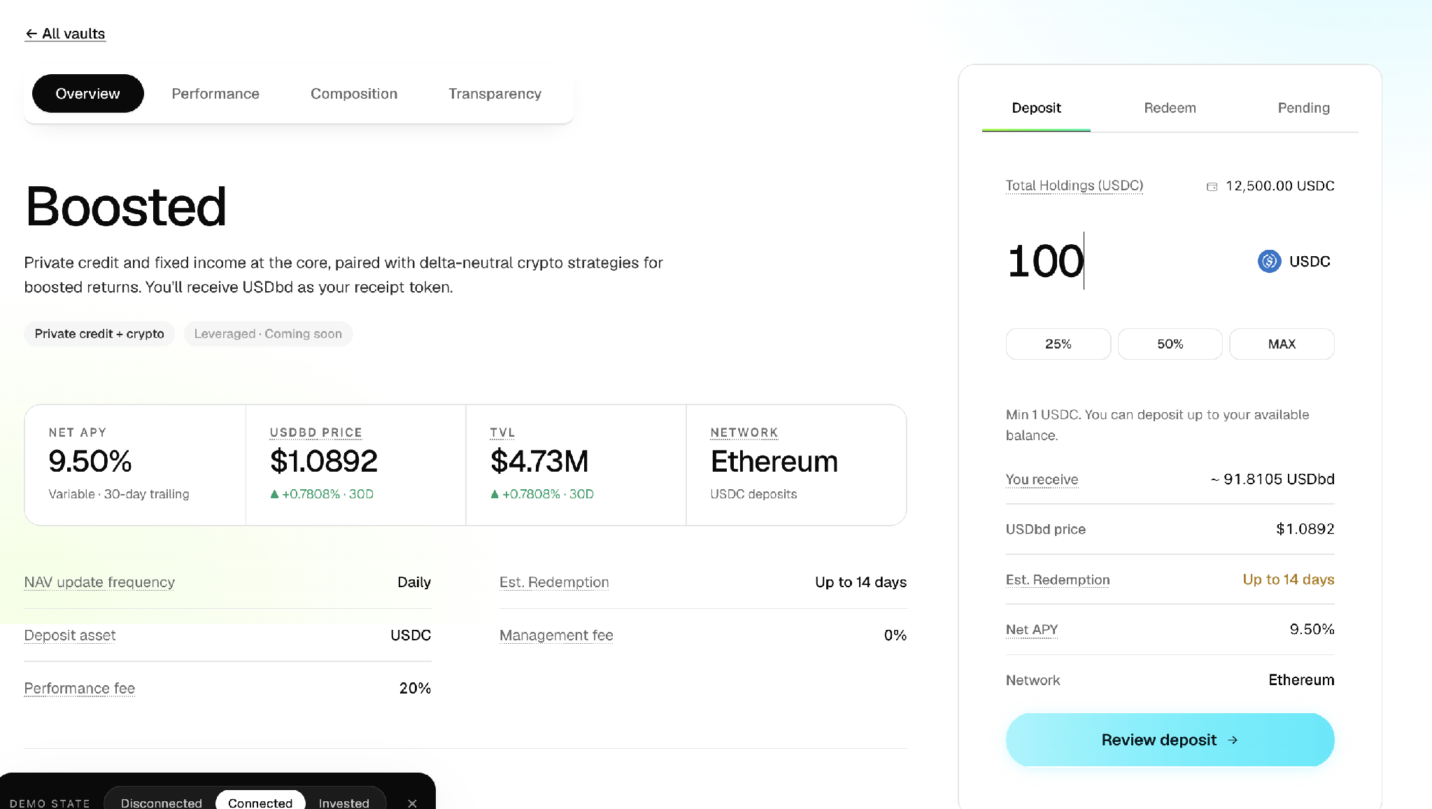The vault page, with the vault overview on the left and the deposit panel on the right showing your USDC balance and the amount field