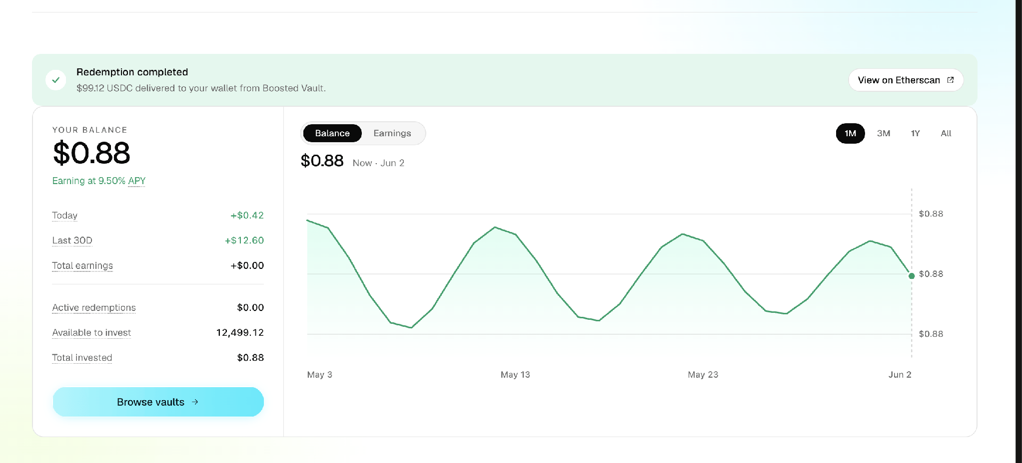 The portfolio home showing your balance, earnings figures, and a balance chart, with a banner confirming a completed withdrawal