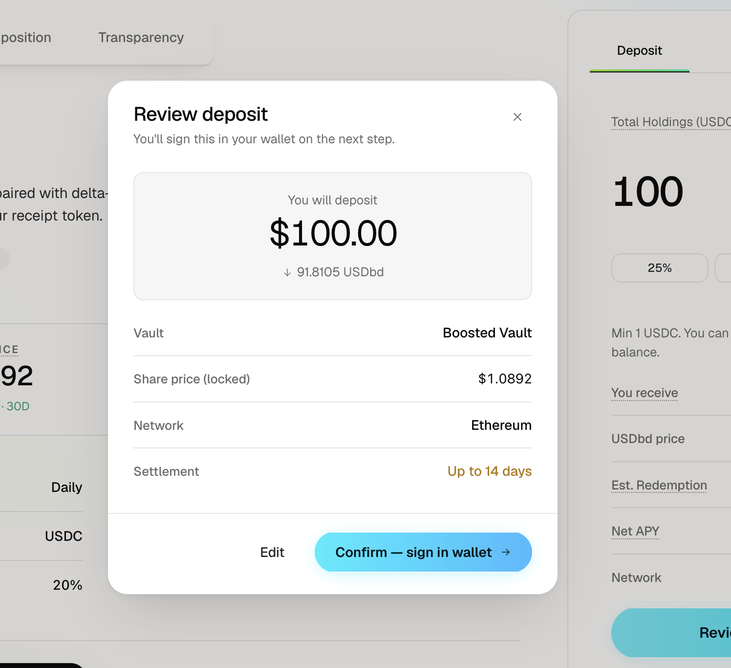 The Review deposit dialog showing the deposit amount, the receipt tokens to be received, the vault, the locked share price, the network, and the settlement window