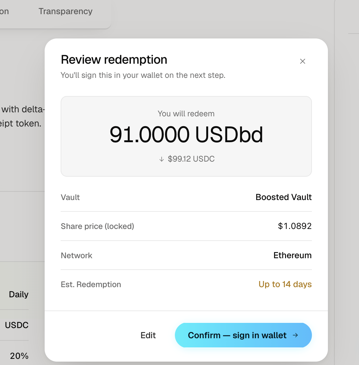The review dialog showing the receipt tokens to withdraw, the USDC to be received, the vault, the locked share price, the network, and the estimated withdrawal window