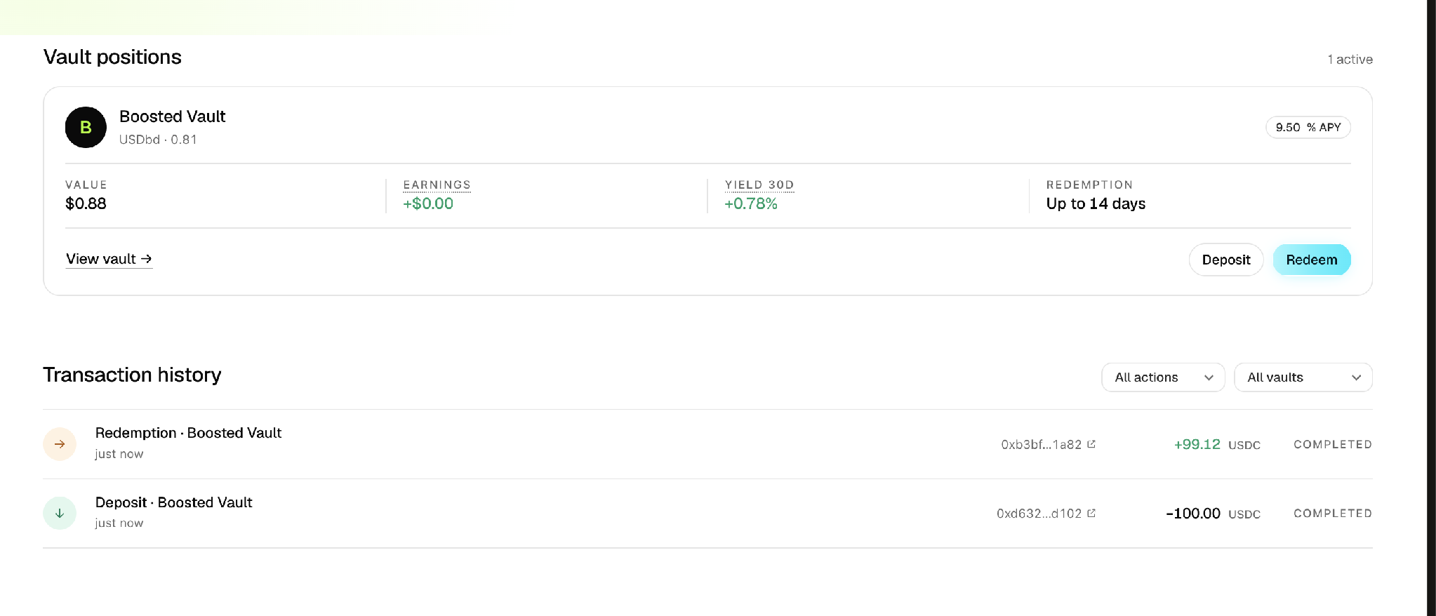 The Vault positions list showing an active position with value, earnings, 30-day yield, and withdrawal window, above the transaction history with Etherscan links
