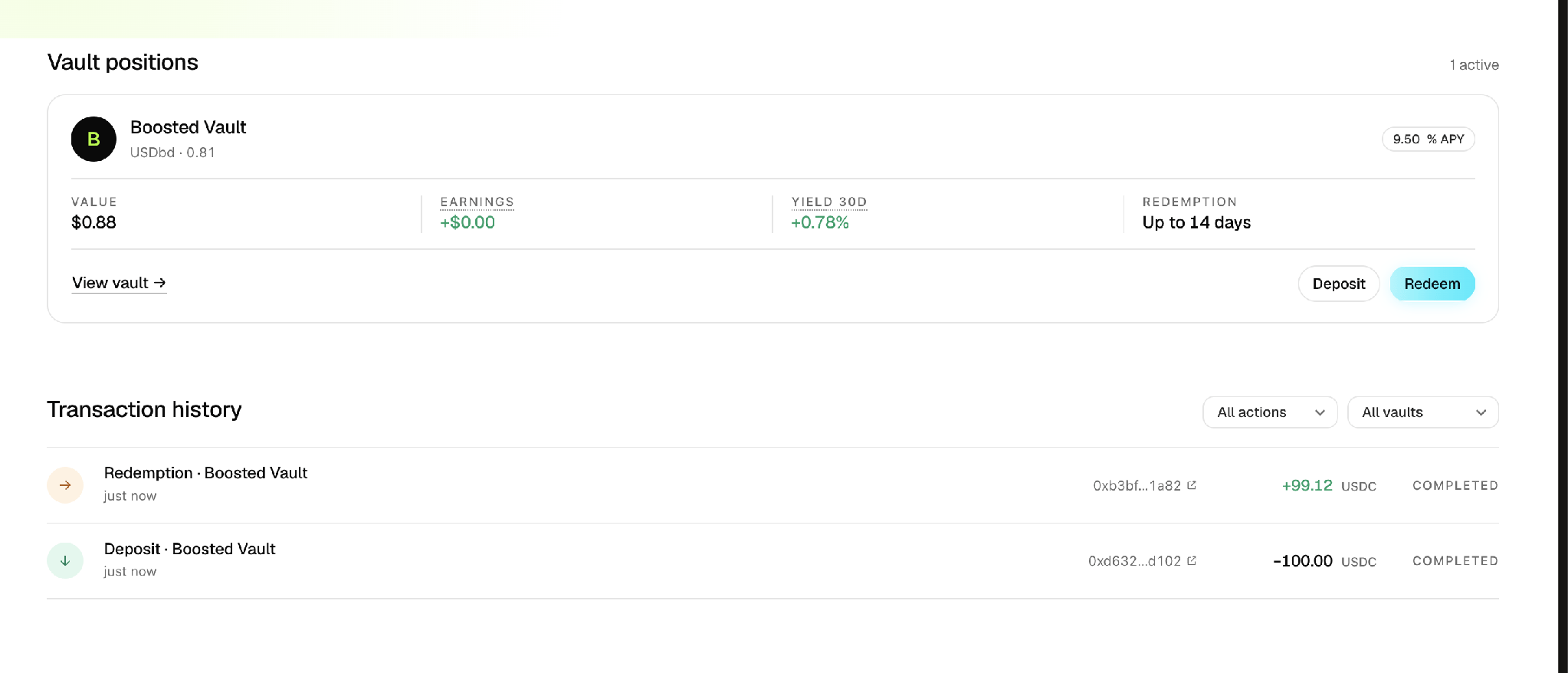 The Vault positions list showing an active position with value, earnings, 30-day yield, and withdrawal window, above the transaction history with Etherscan links