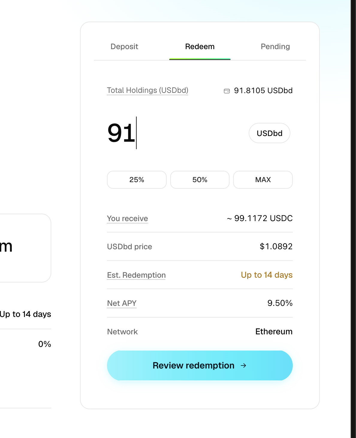 The Withdraw tab showing your receipt-token holdings, the amount field with 25%, 50%, and MAX shortcuts, and the USDC you will receive