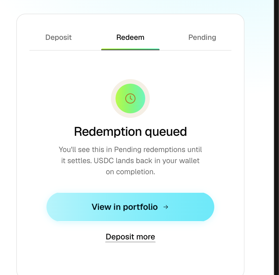 The panel showing the withdrawal request queued, with a View in portfolio button