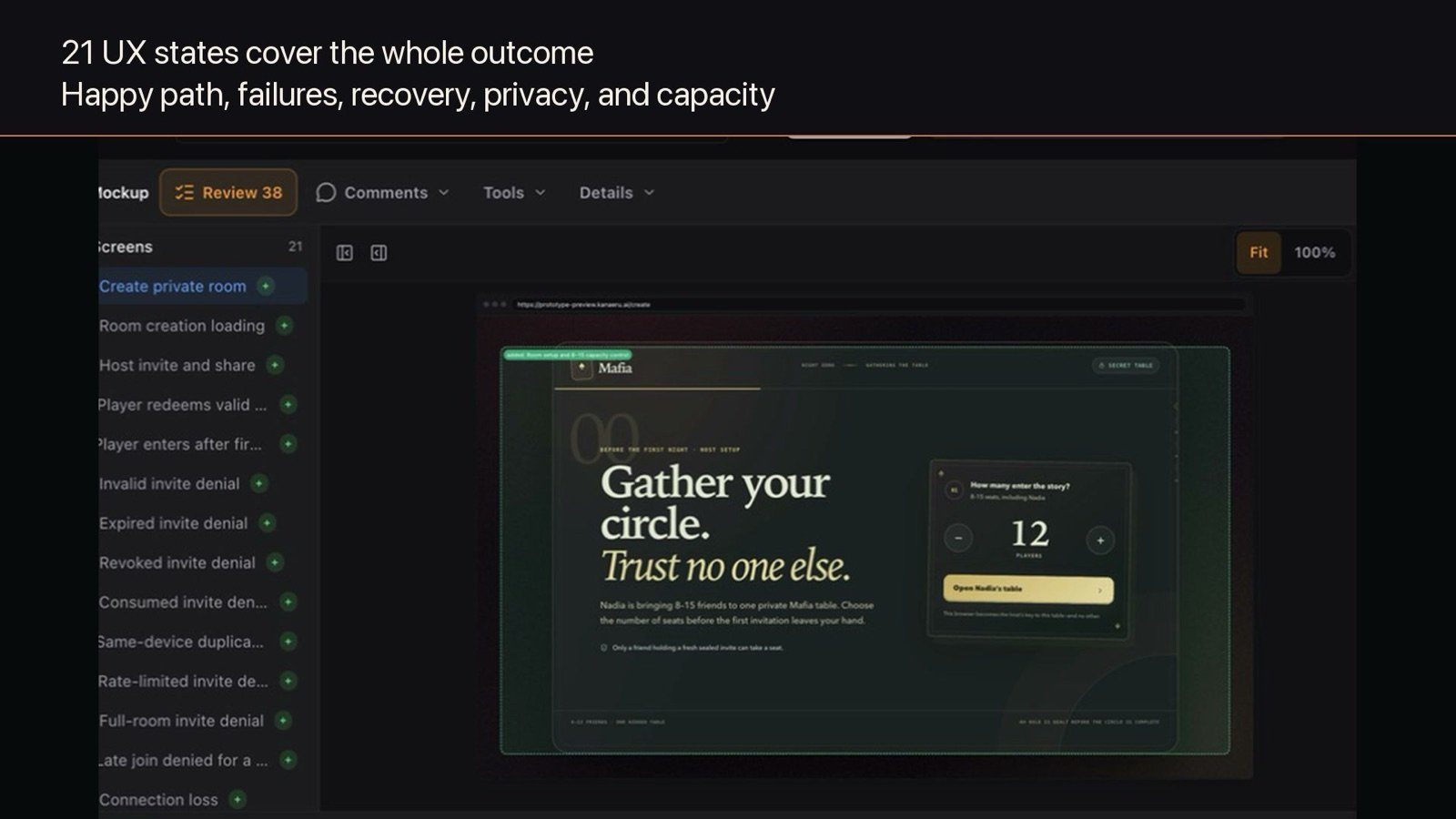 UX mockup editor listing 21 screens beside a live Mafia room prototype