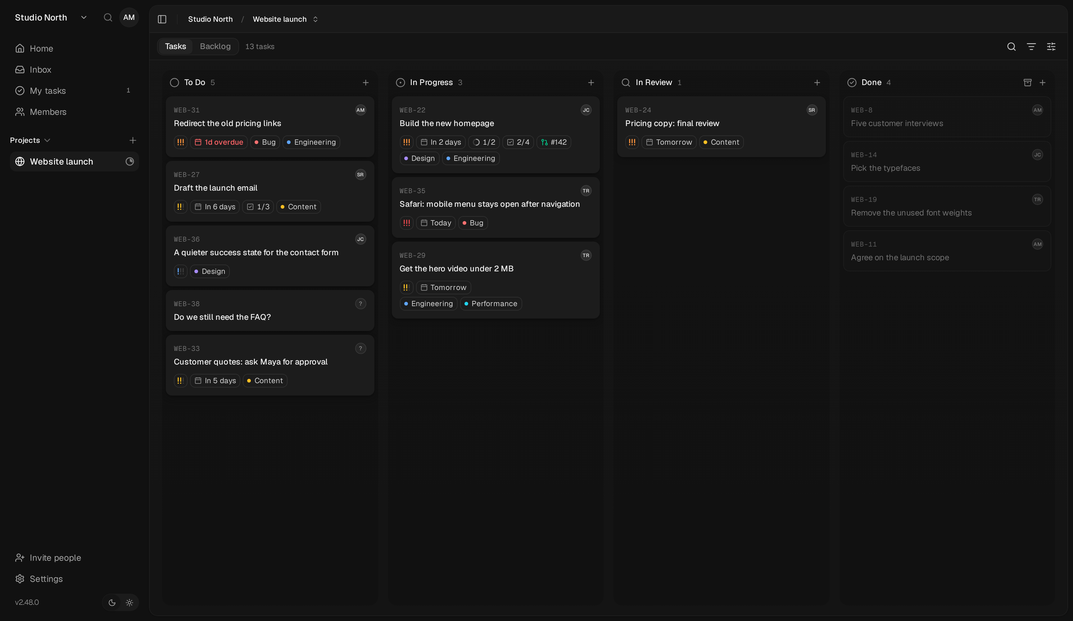 Website launch, with work grouped into To Do, In Progress, In Review, and Done.