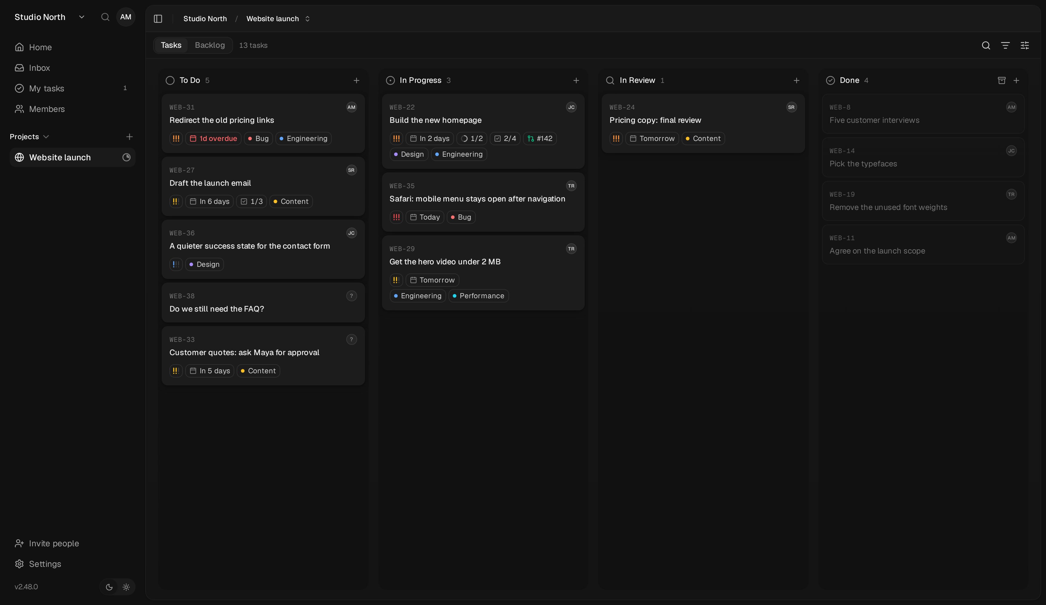 Website launch, with work grouped into To Do, In Progress, In Review, and Done.