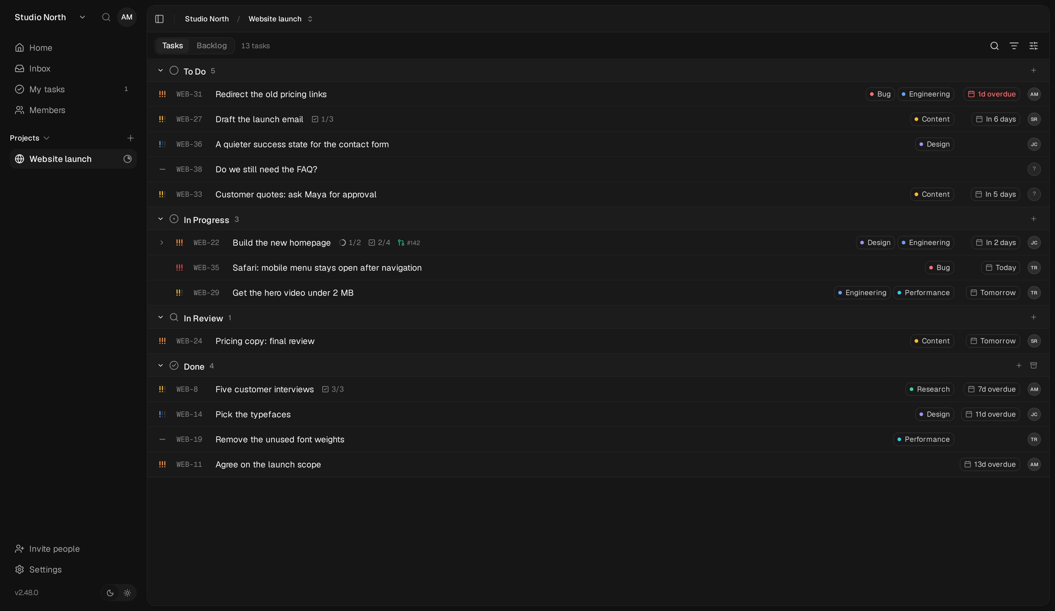 List view shows the same project tasks in rows for faster scanning.