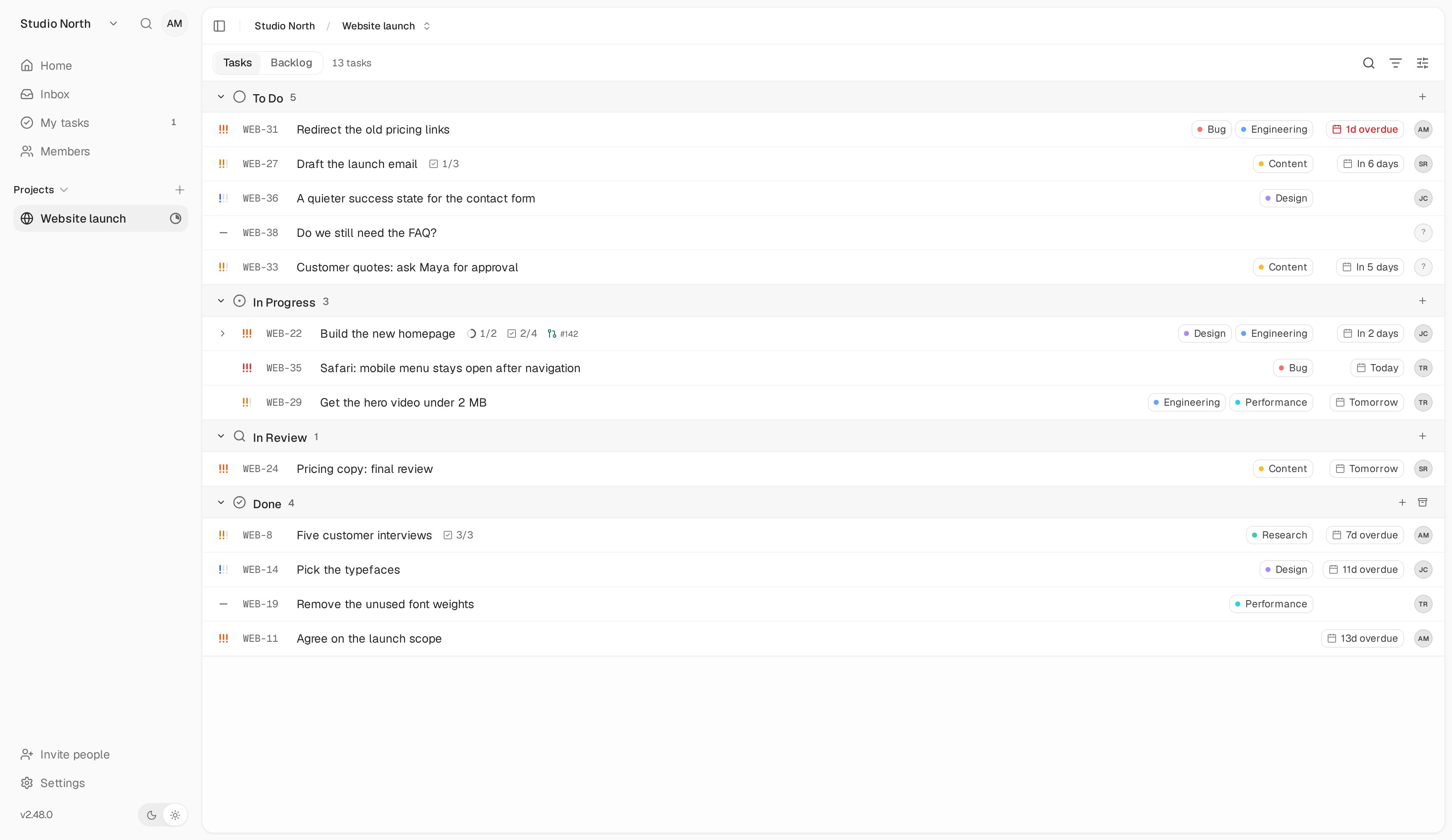List view shows the same project tasks in rows for faster scanning.