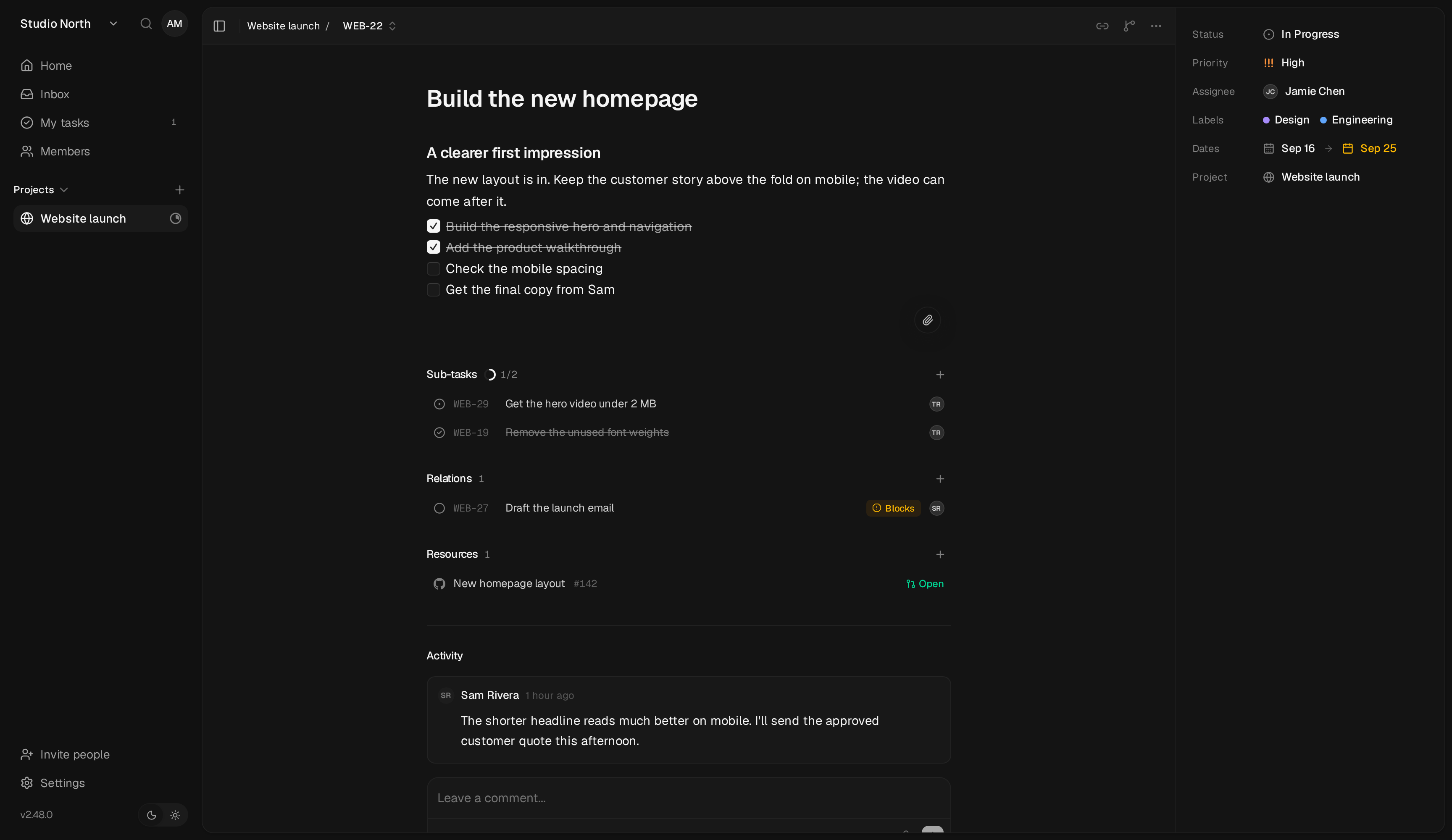 An open task with a description, checklist, assignee, dates, labels, and comments.