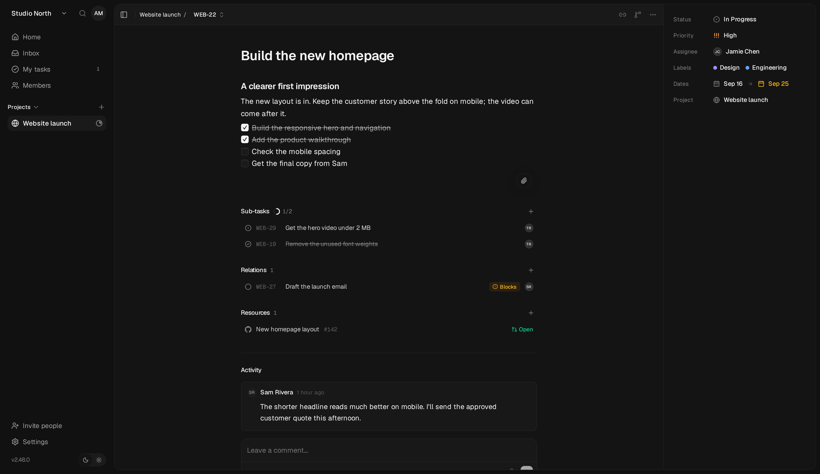 An open task with a description, checklist, assignee, dates, labels, and comments.