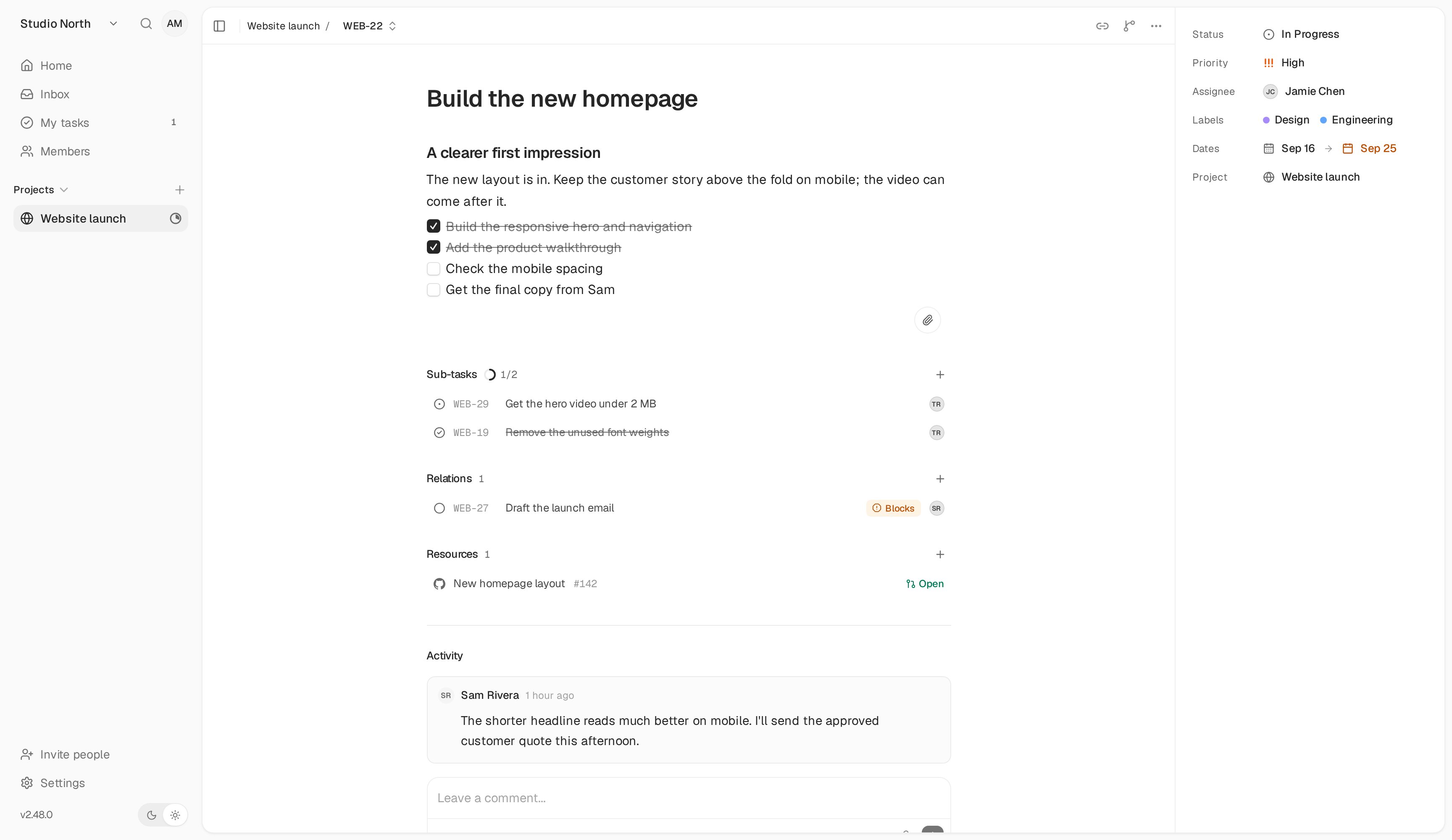 An open task with a description, checklist, assignee, dates, labels, and comments.