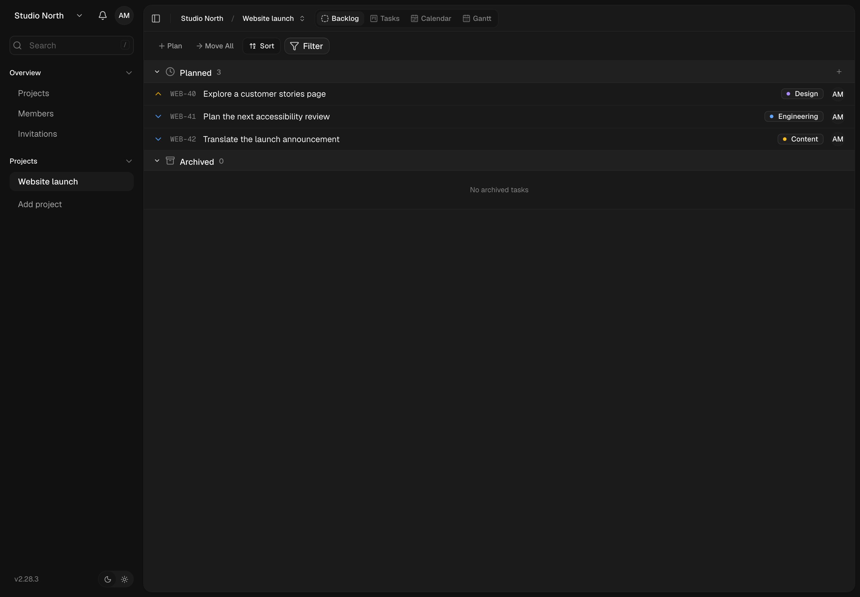Backlog keeps planned work together until you move it to an active column.