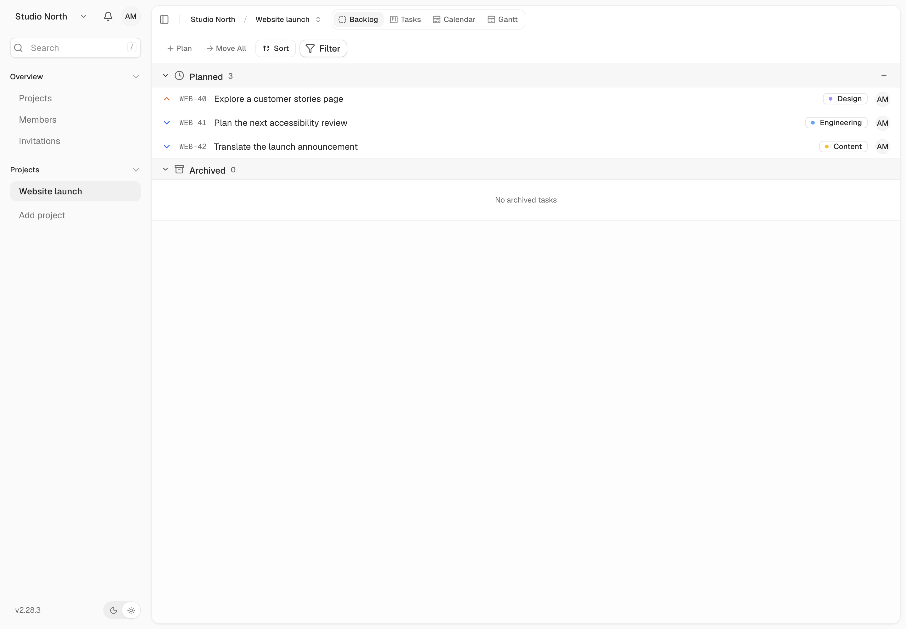 Backlog keeps planned work together until you move it to an active column.