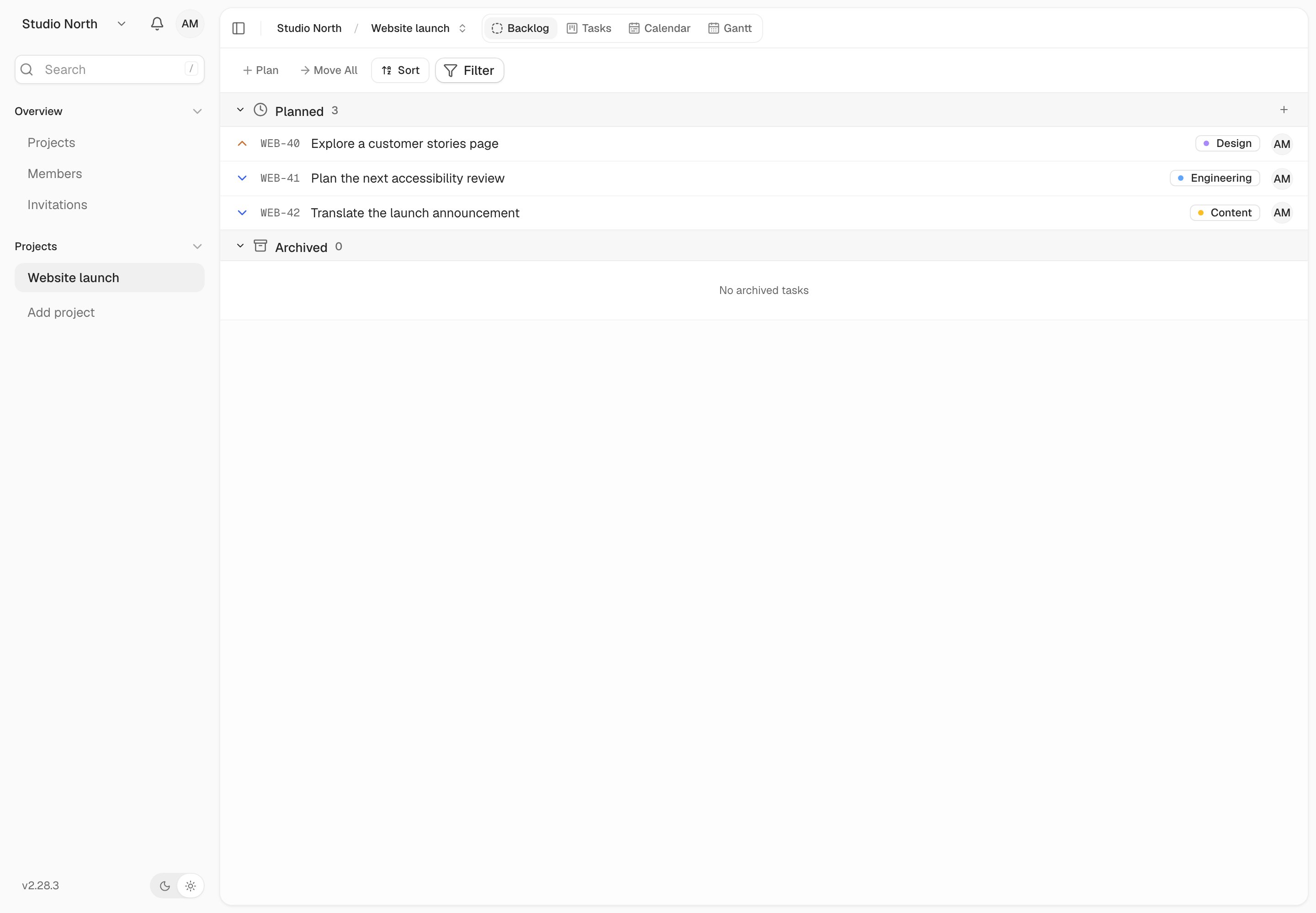 Backlog keeps planned work together until you move it to an active column.