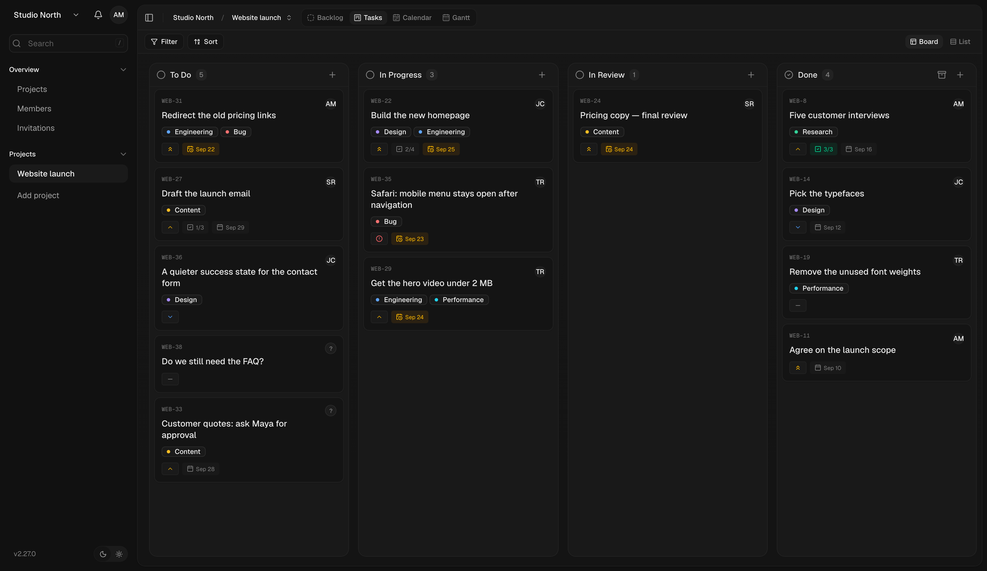 A website launch in Board view. Each column shows a stage of the work.