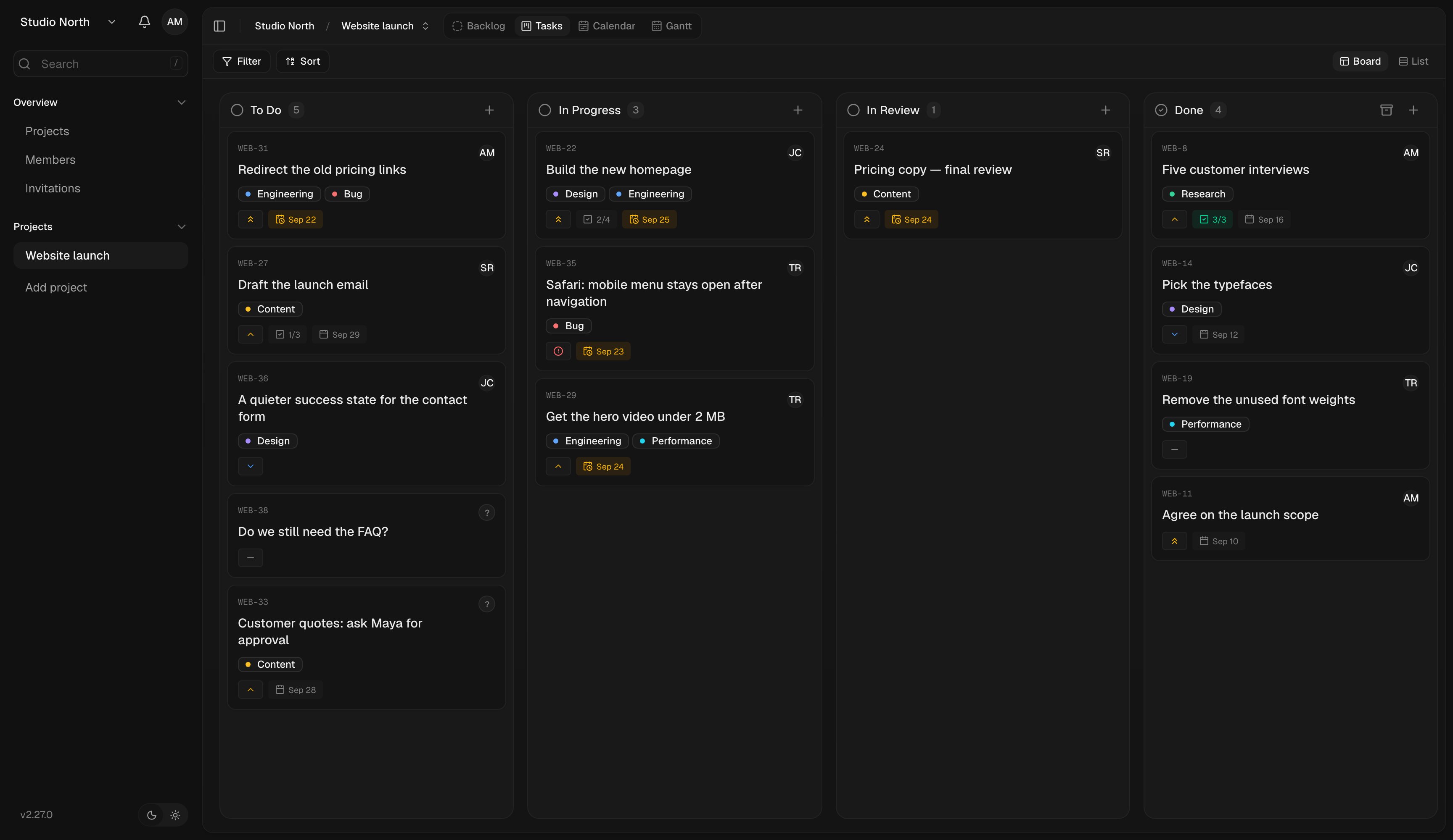 A website launch in Board view. Each column shows a stage of the work.