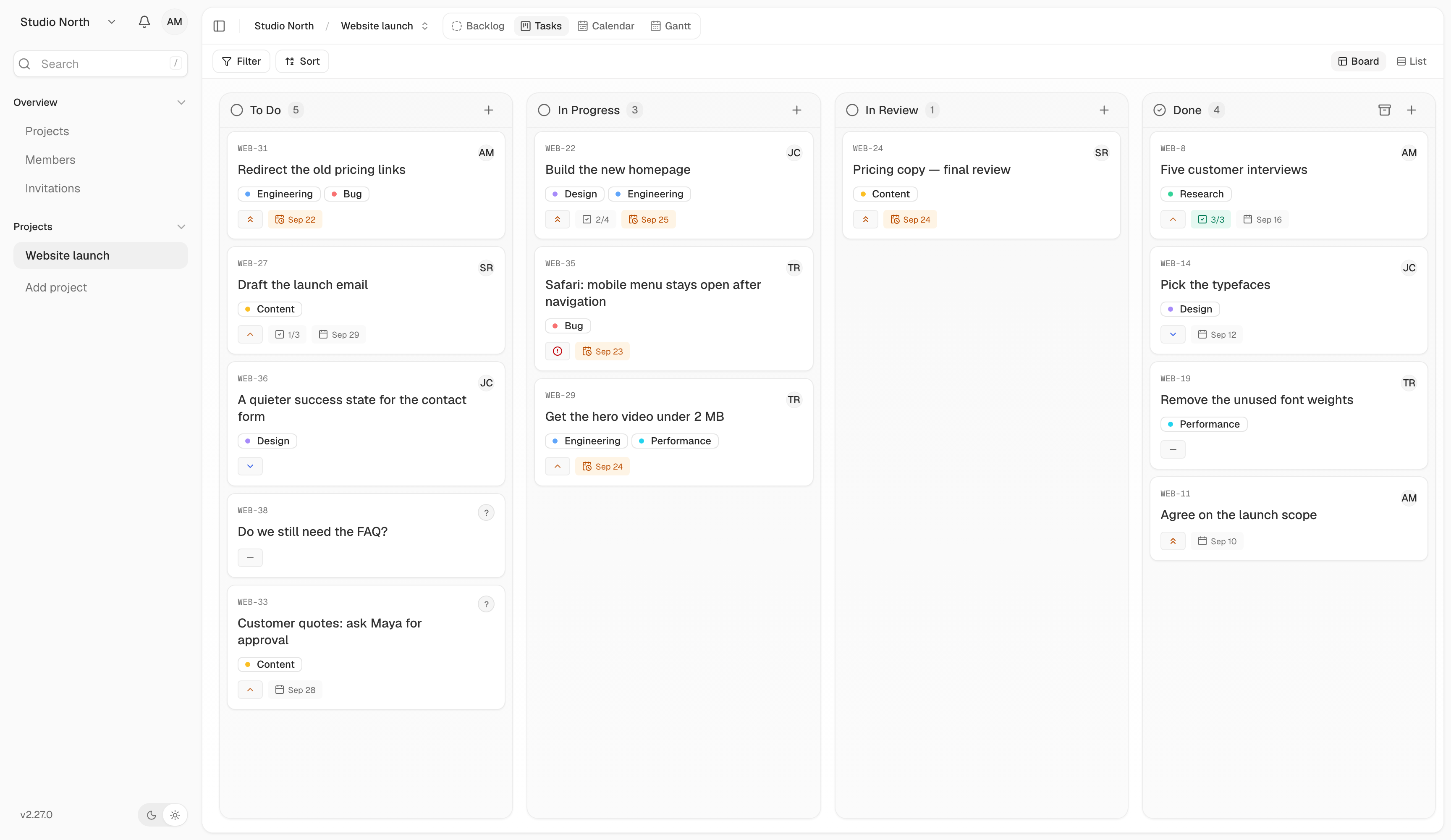 A website launch in Board view. Each column shows a stage of the work.