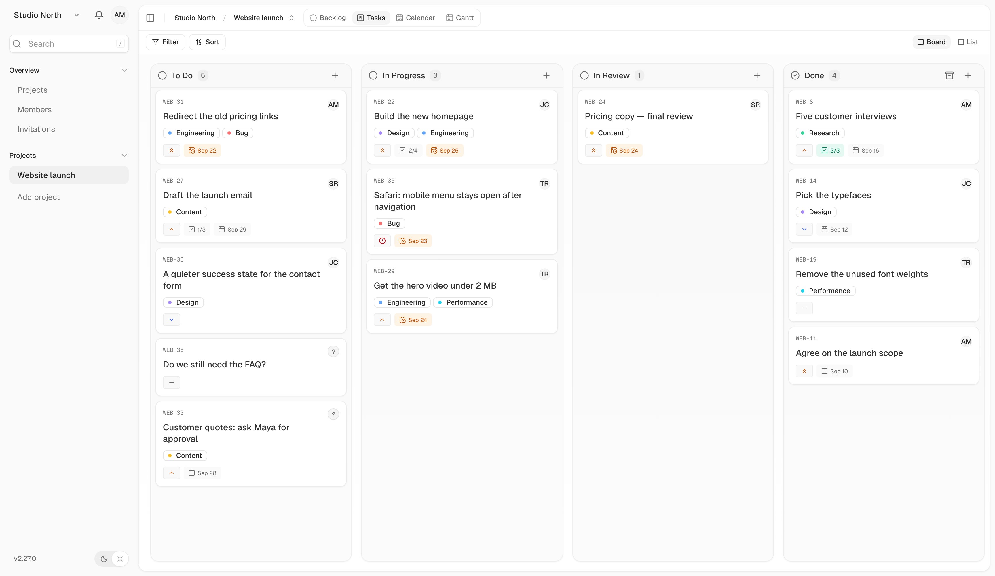 A website launch in Board view. Each column shows a stage of the work.