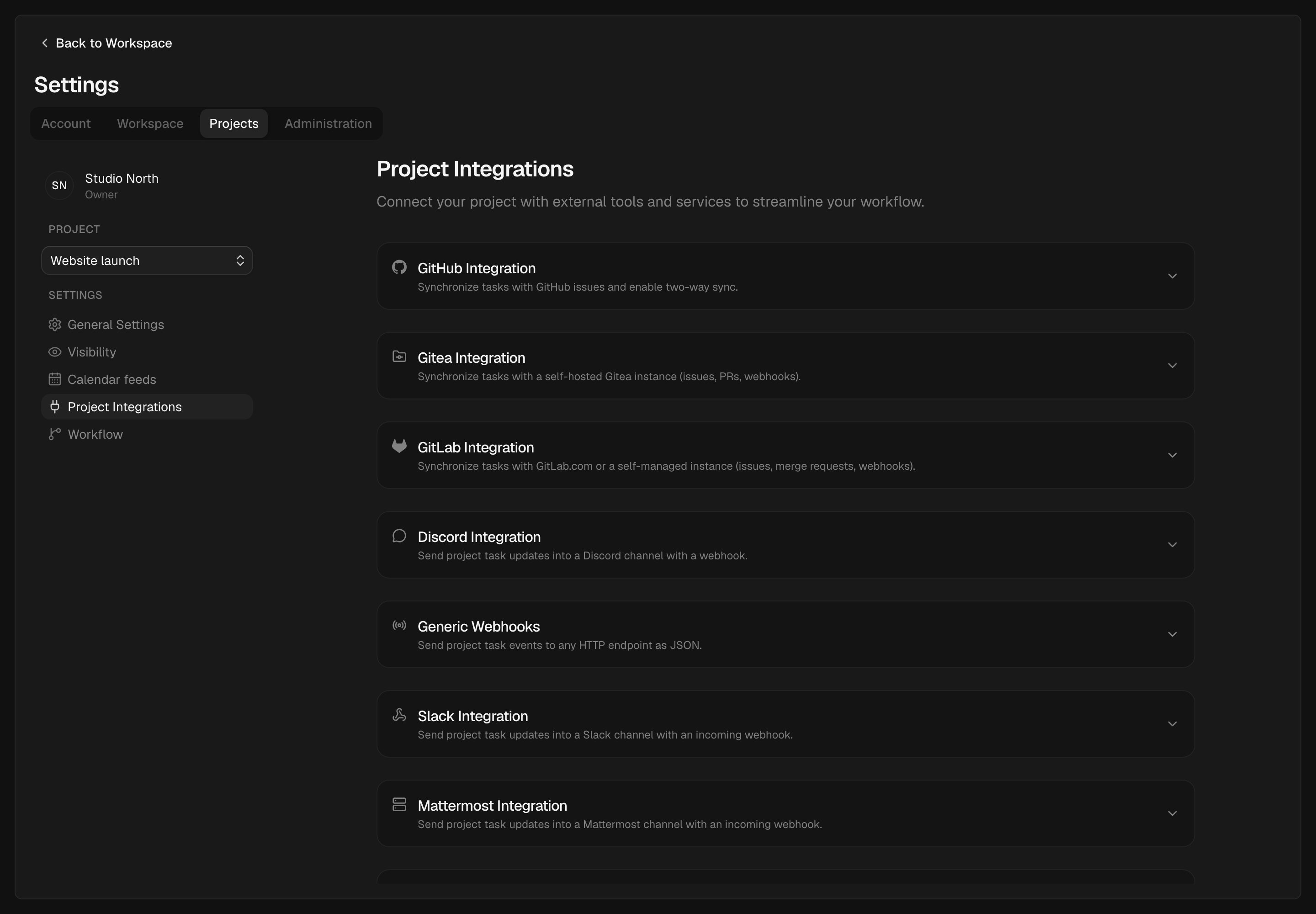 Kaneo project settings showing the GitHub, Gitea, GitLab, and team notification integrations.