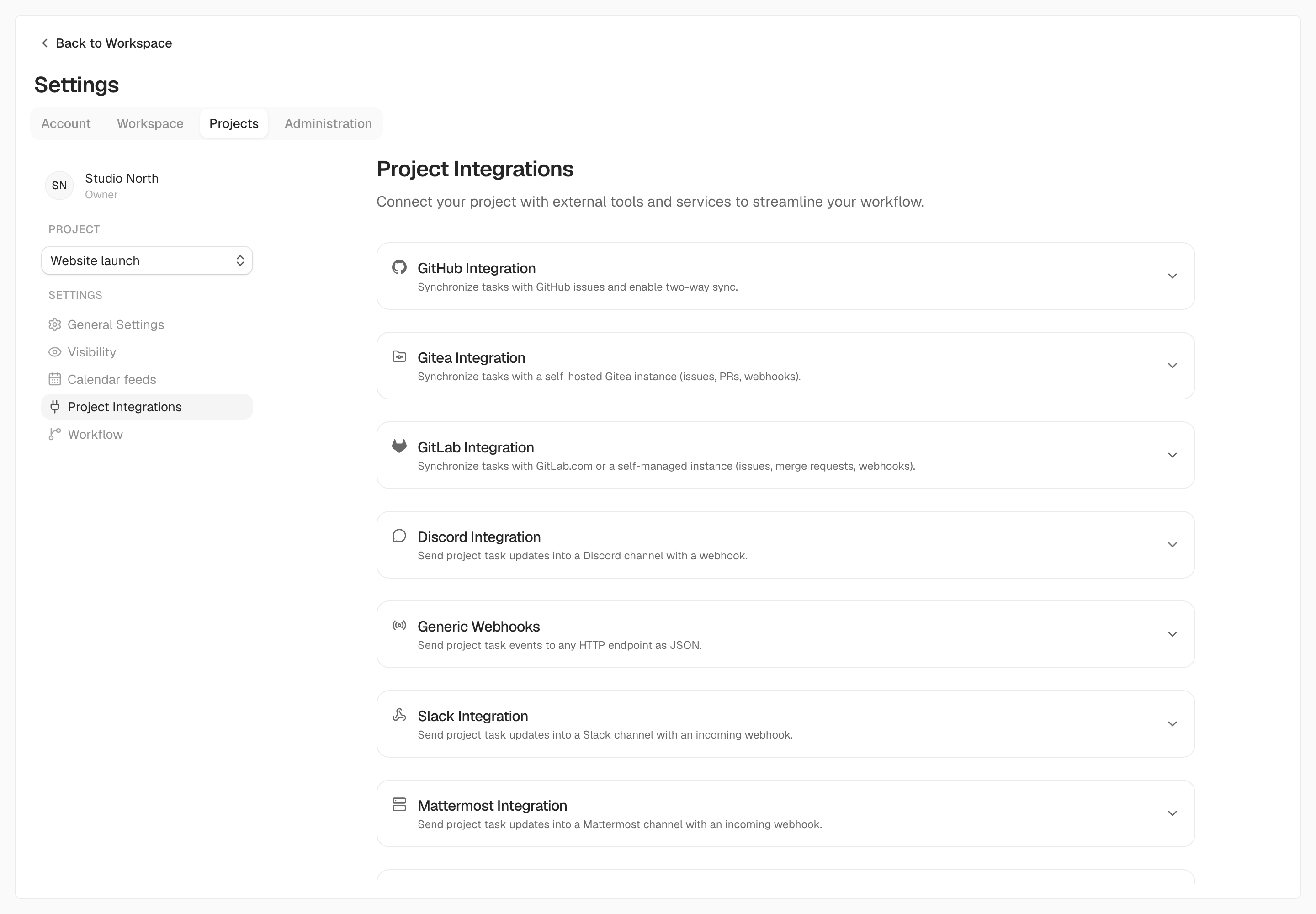Kaneo project settings showing the GitHub, Gitea, GitLab, and team notification integrations.