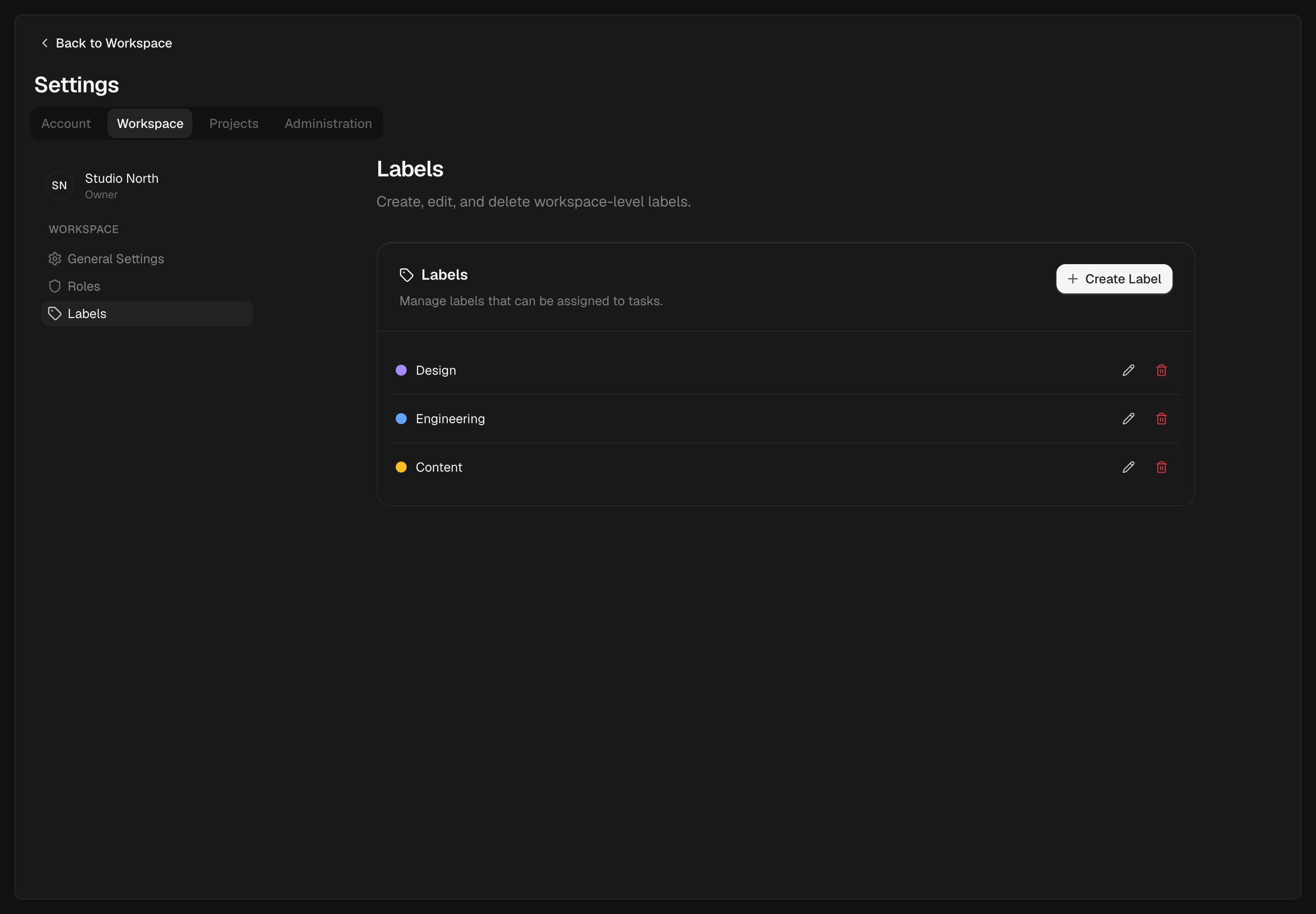Workspace labels are managed in Settings and shared across projects.