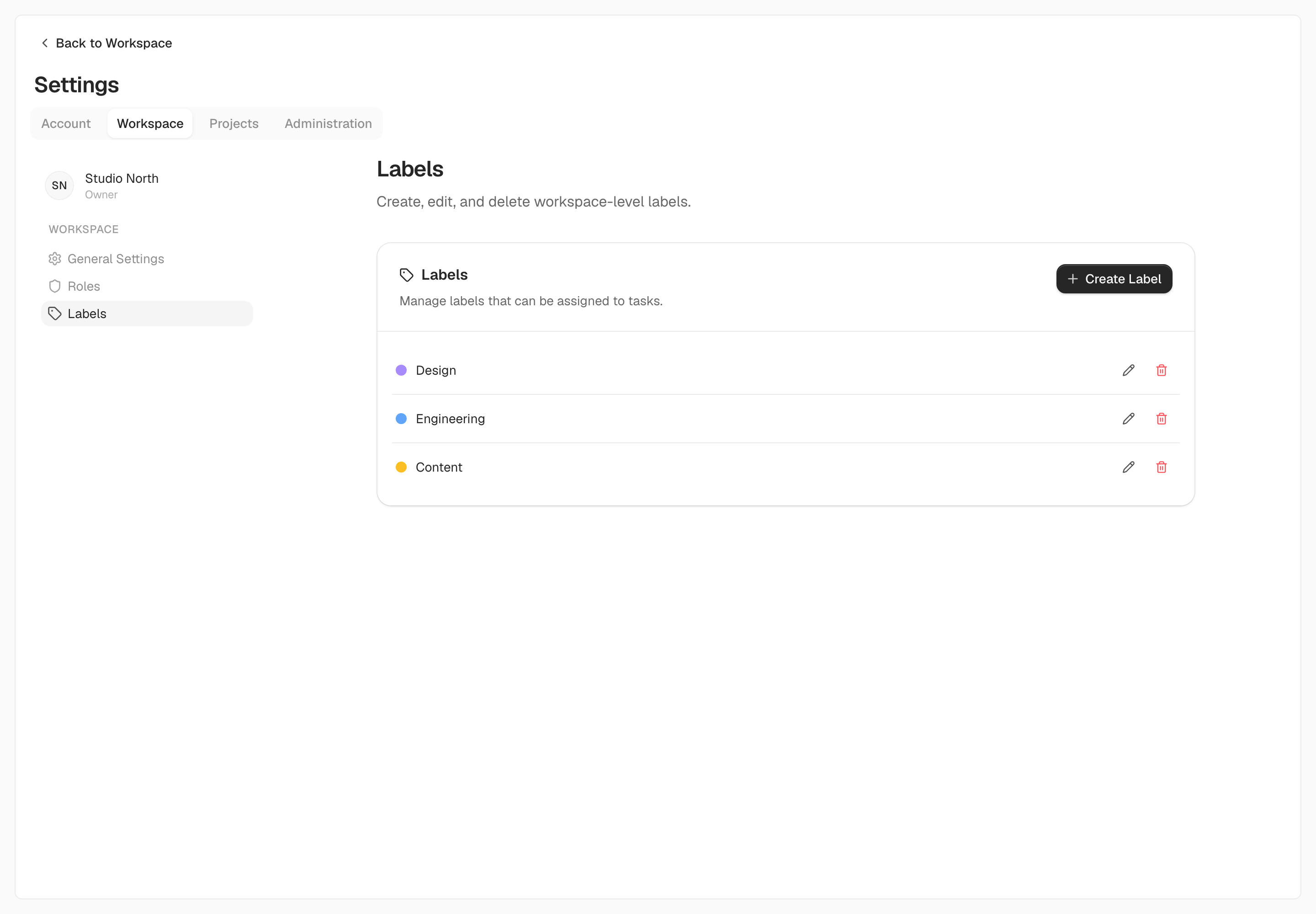 Workspace labels are managed in Settings and shared across projects.