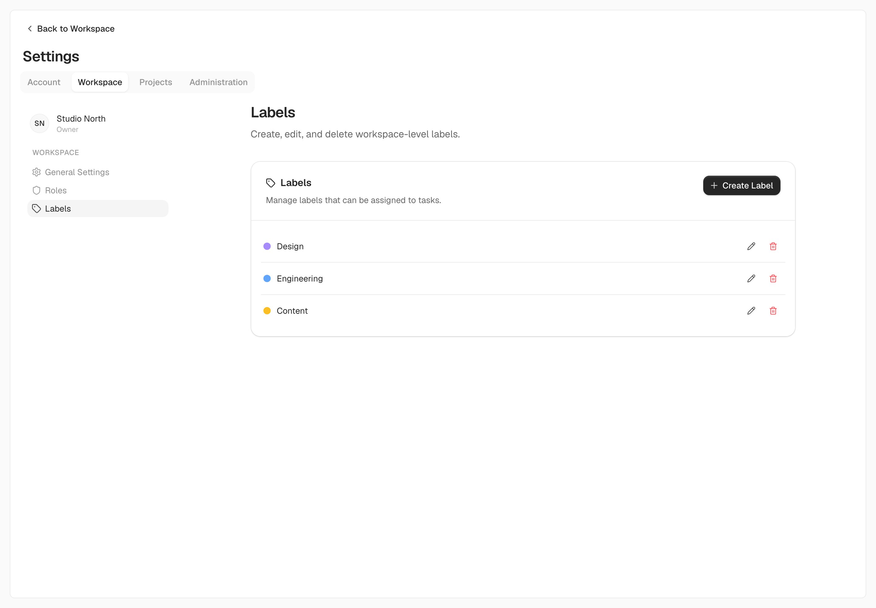 Workspace labels are managed in Settings and shared across projects.