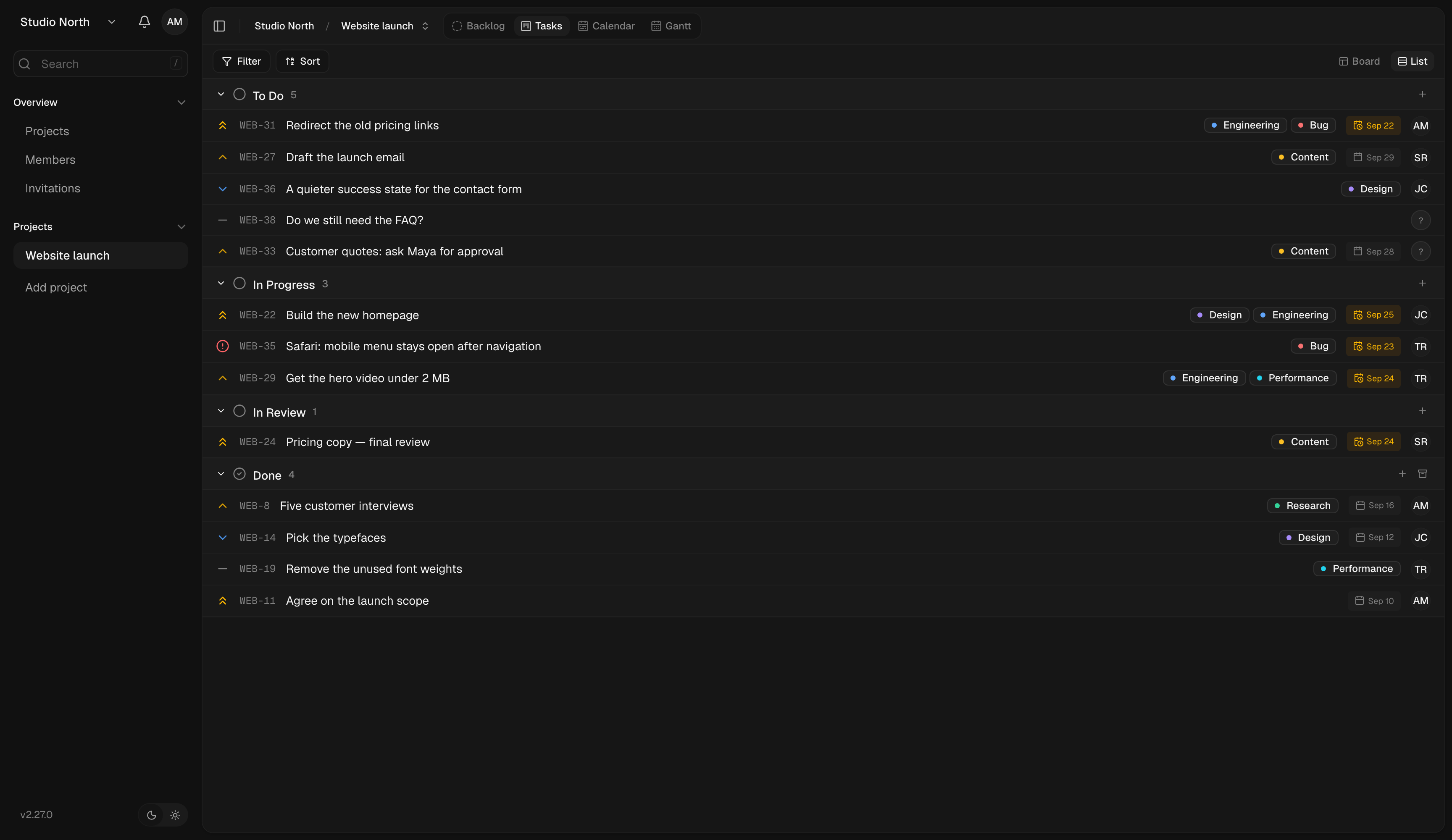 List view shows the same project tasks in rows for faster scanning.