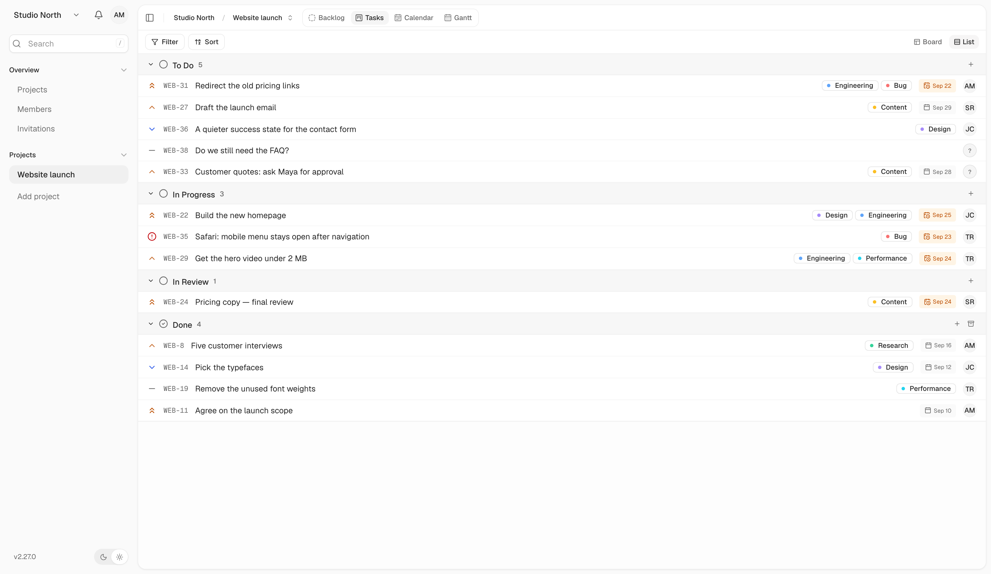 List view shows the same project tasks in rows for faster scanning.
