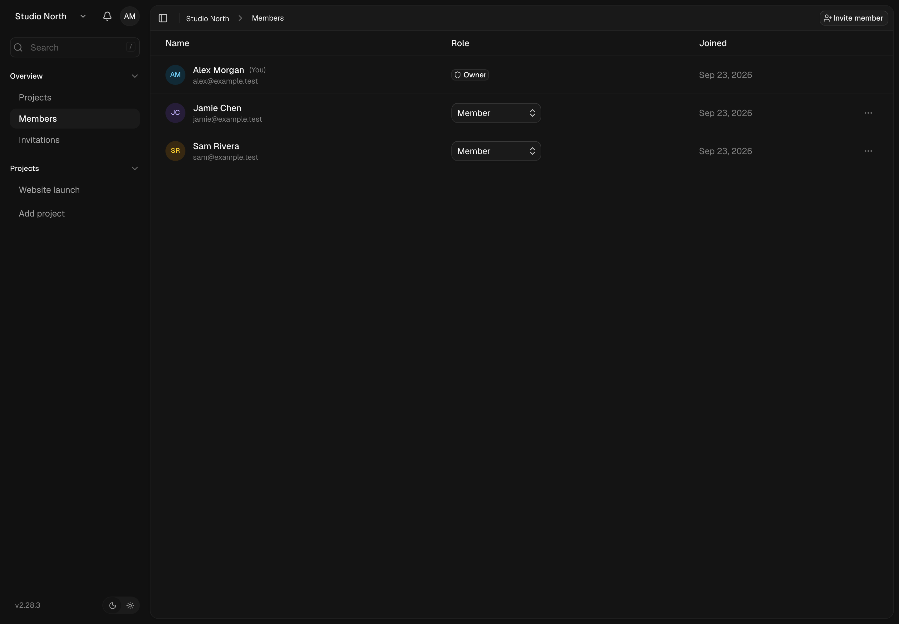The Members page shows workspace members, their roles, and invitation controls.