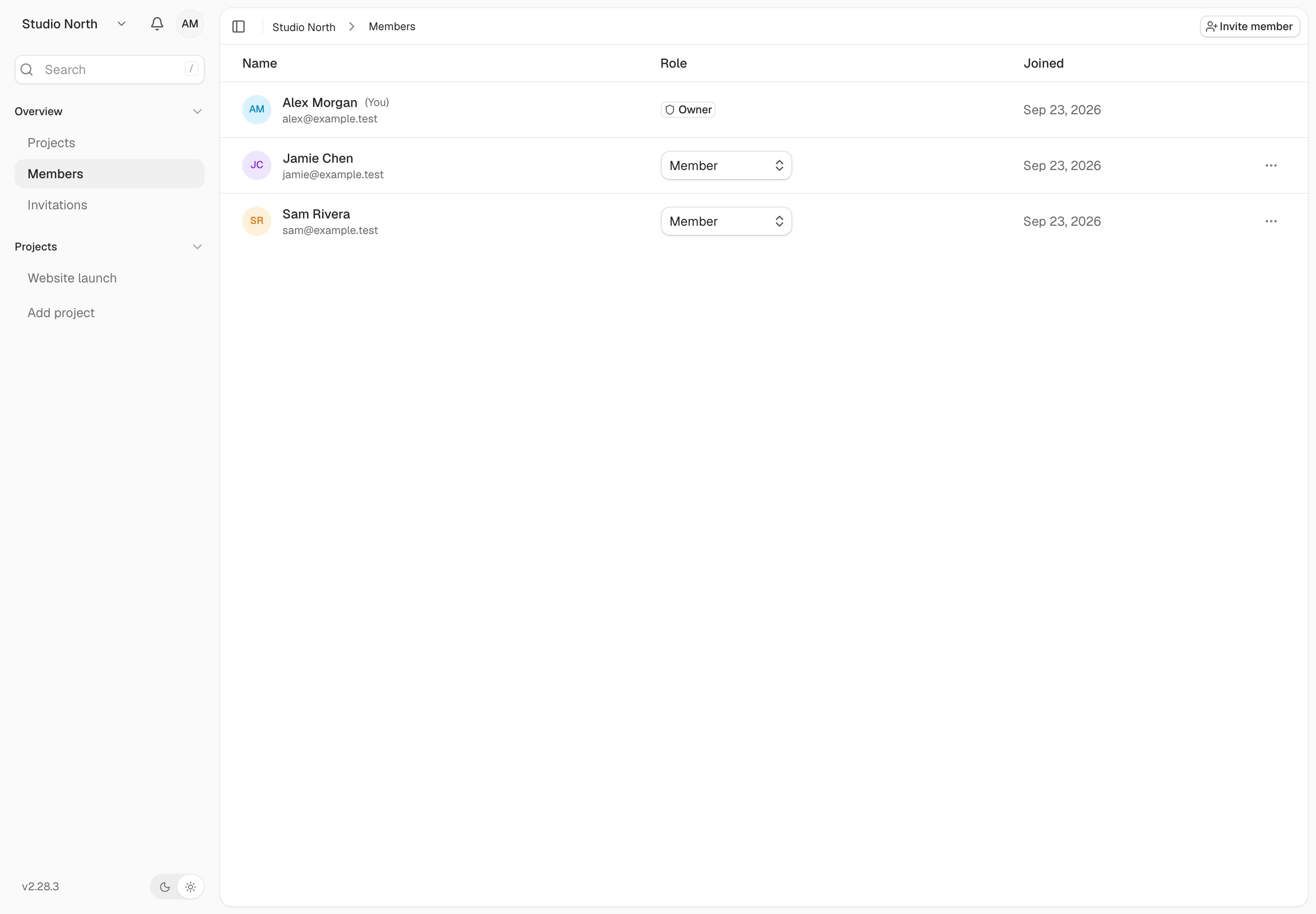 The Members page shows workspace members, their roles, and invitation controls.
