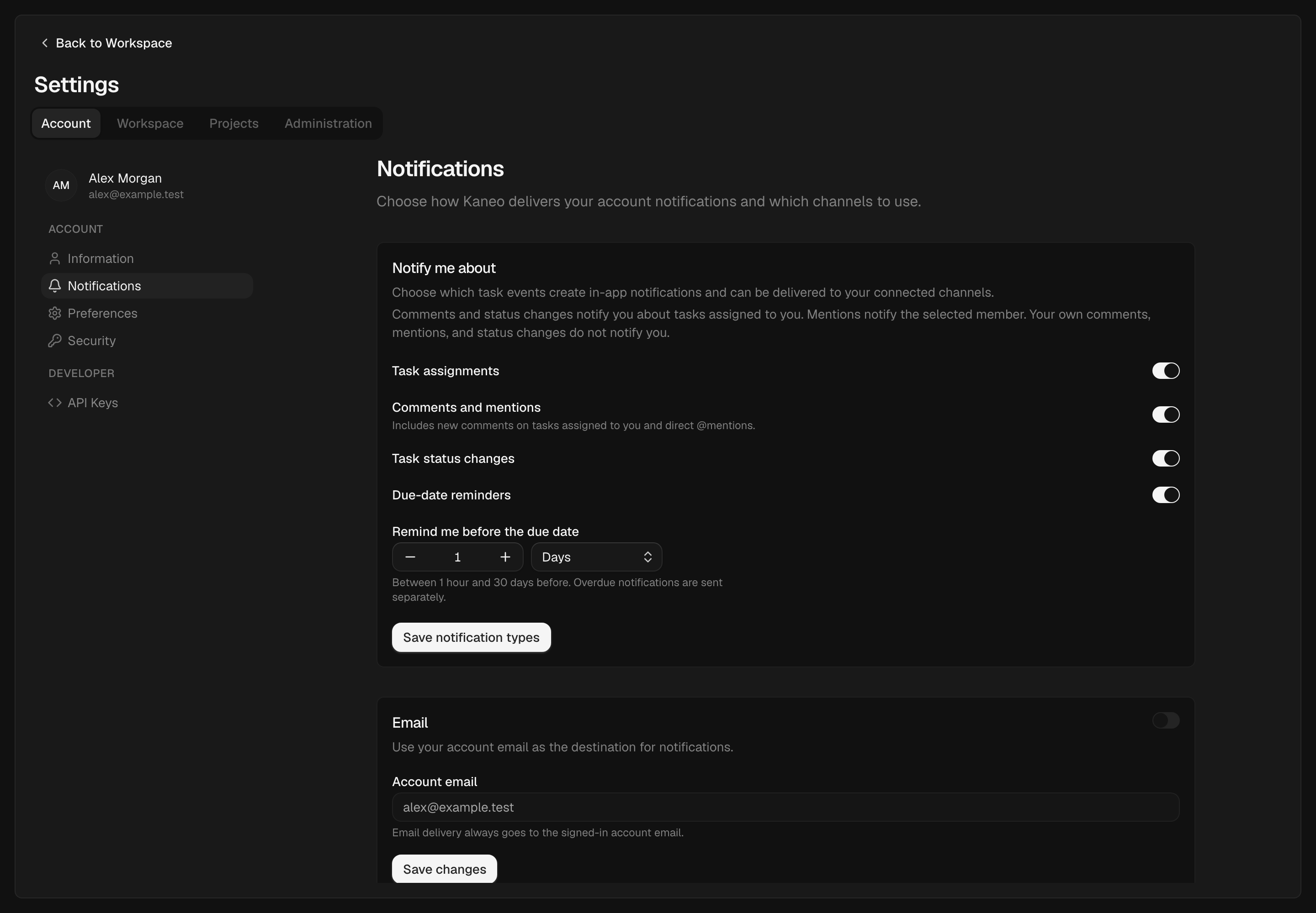 Choose notification categories and how early Kaneo should remind you about due dates.