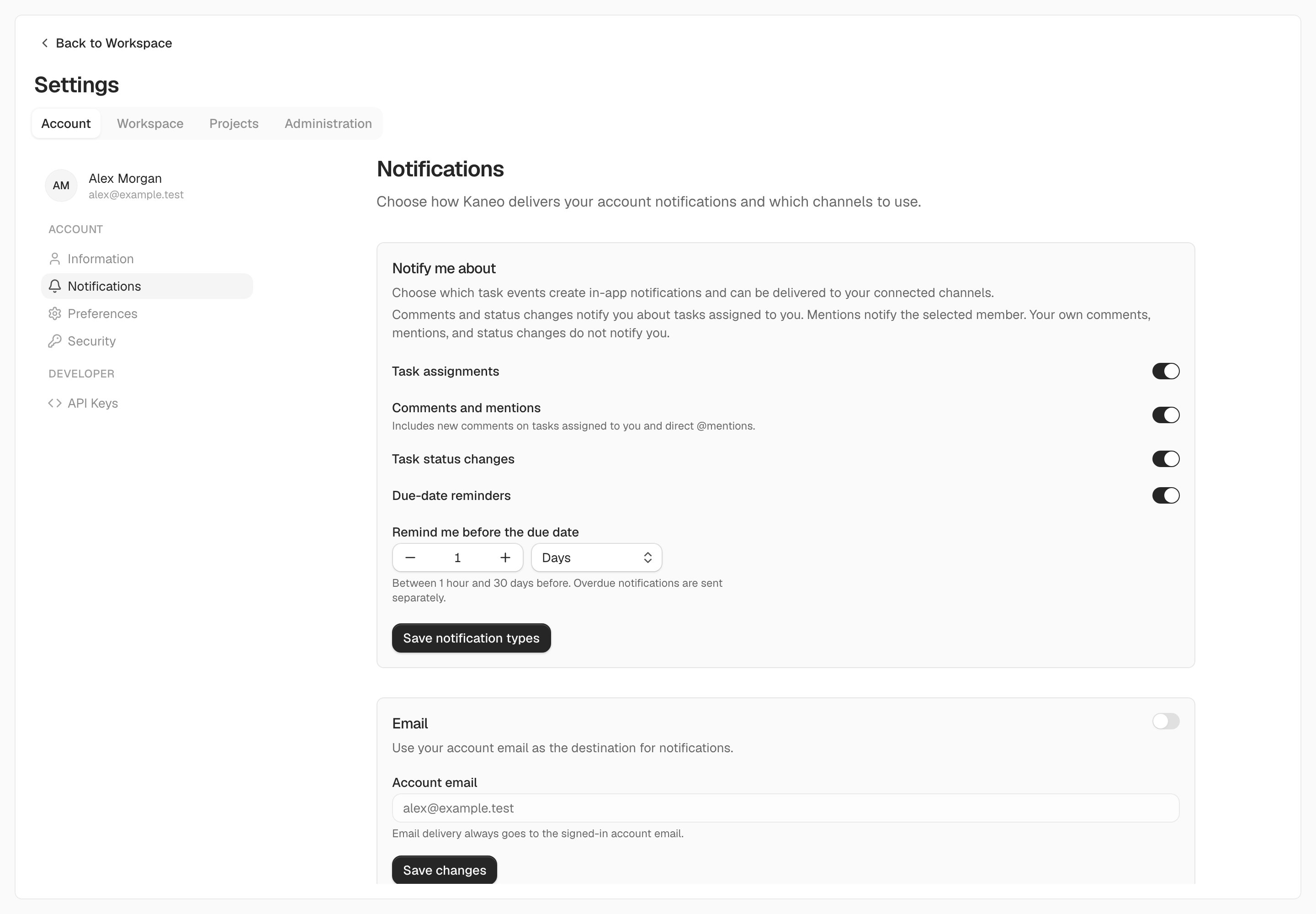 Choose notification categories and how early Kaneo should remind you about due dates.