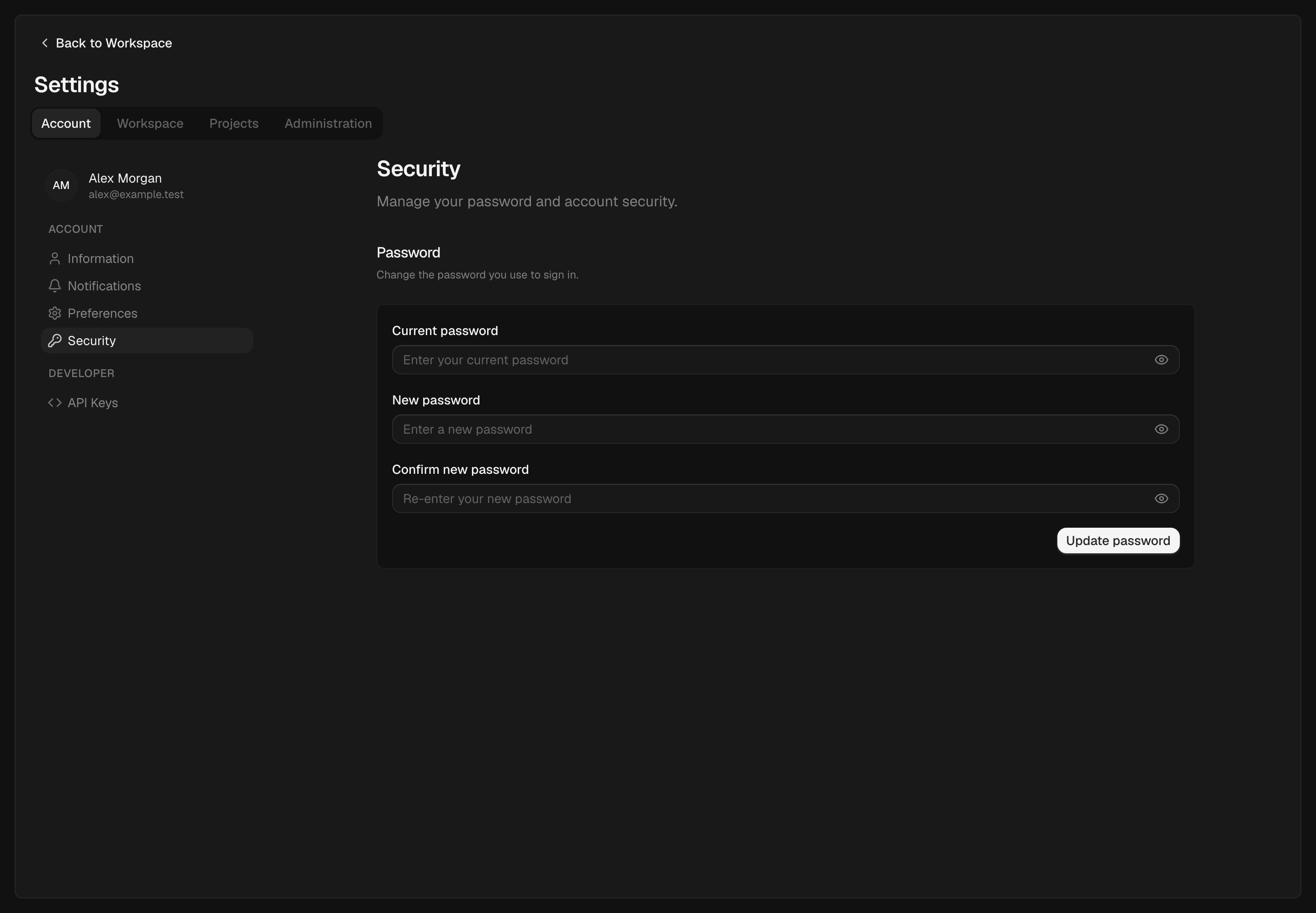 Accounts with a password can change it under Account → Security.