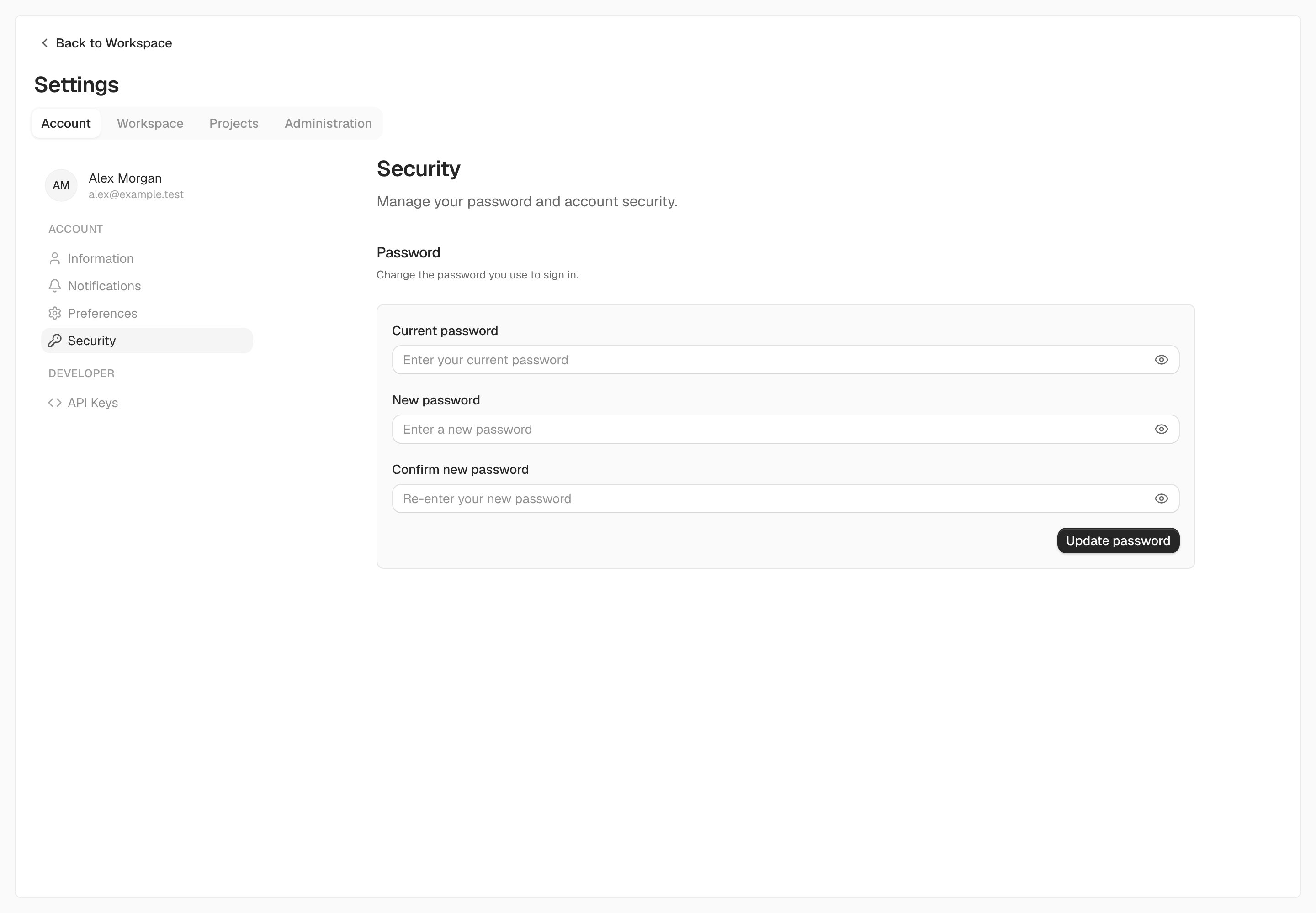 Accounts with a password can change it under Account → Security.