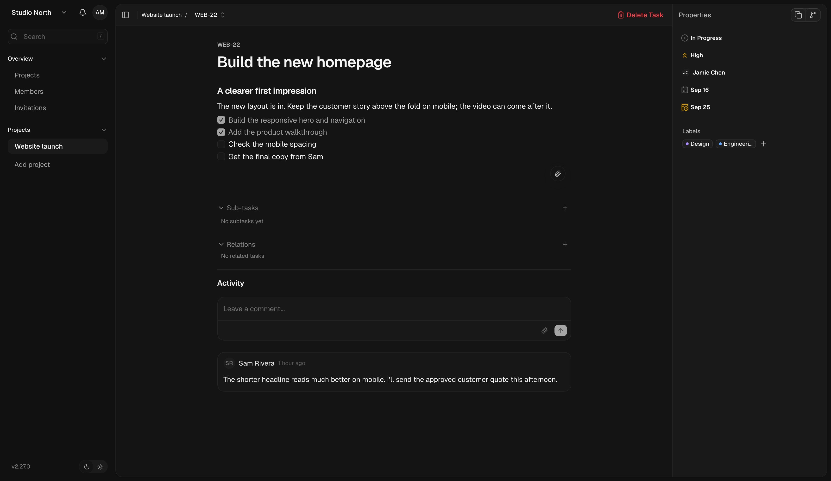 An open task with a description, checklist, assignee, dates, labels, and comments.