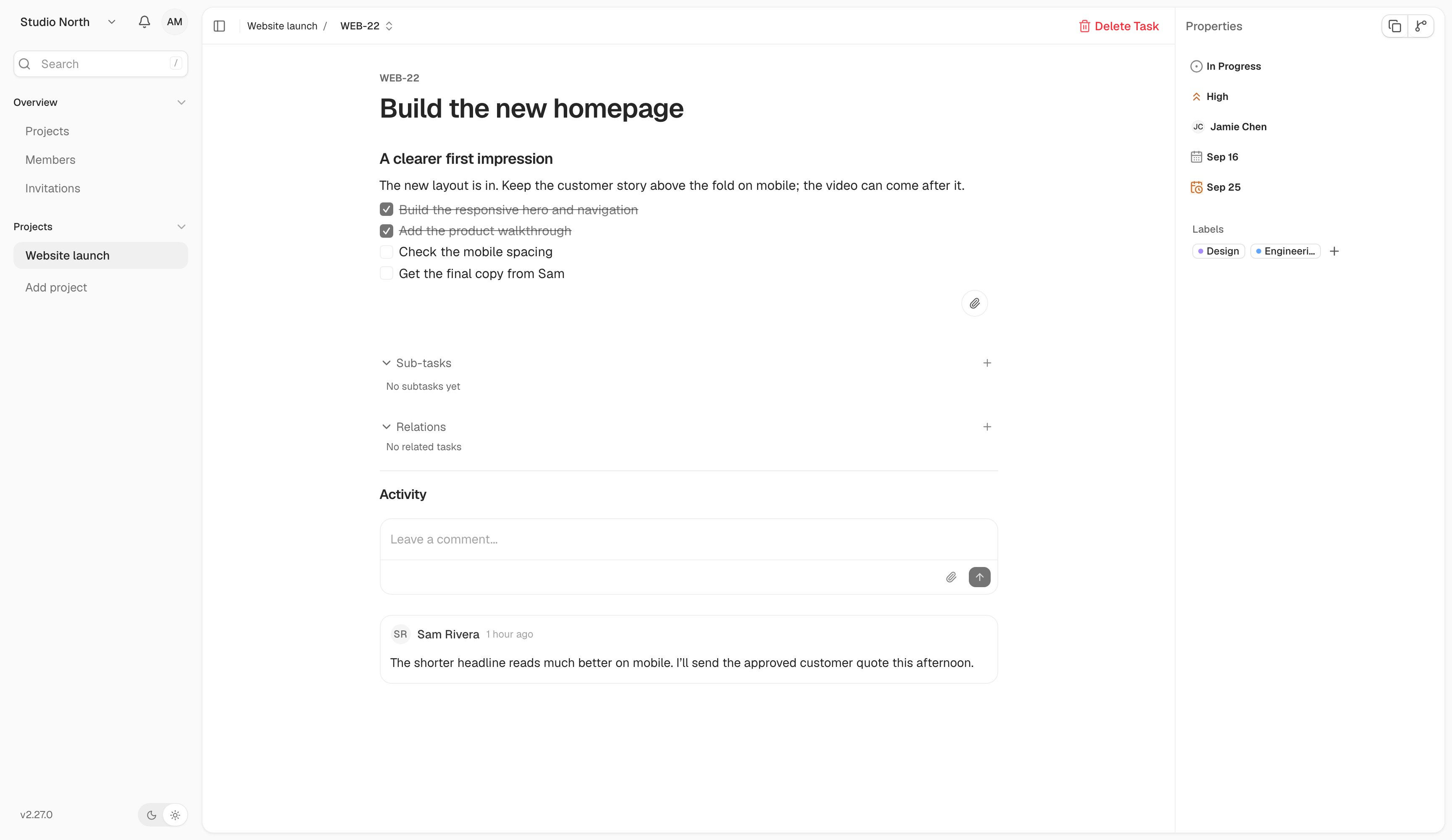 An open task with a description, checklist, assignee, dates, labels, and comments.