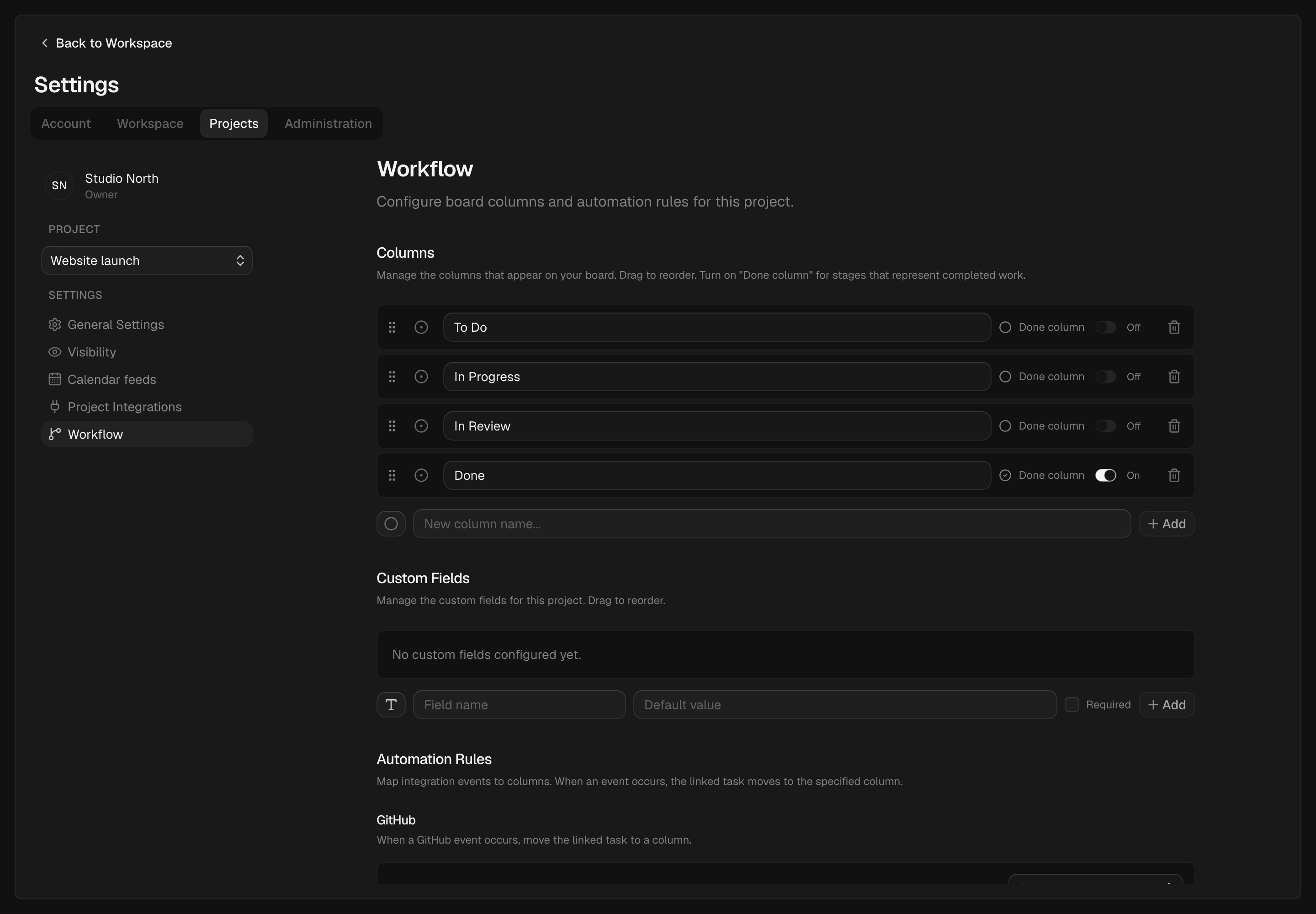 Project workflow settings contain columns and automations.