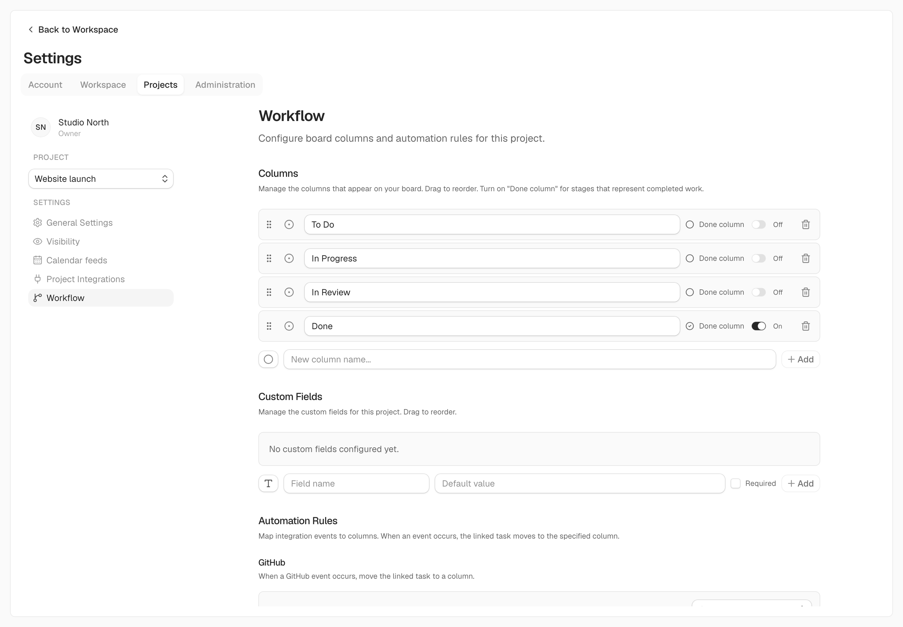 Project workflow settings contain columns and automations.