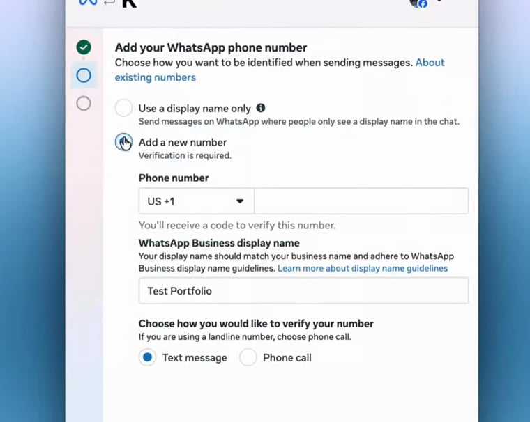 Meta shows Add a new number on the Add your WhatsApp phone number screen.