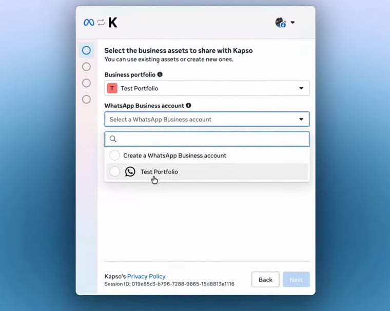 Meta asks you to select the WhatsApp Business account to share with Kapso.