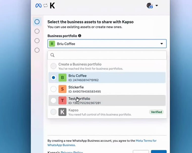 Meta asks you to select the business portfolio to share with Kapso.