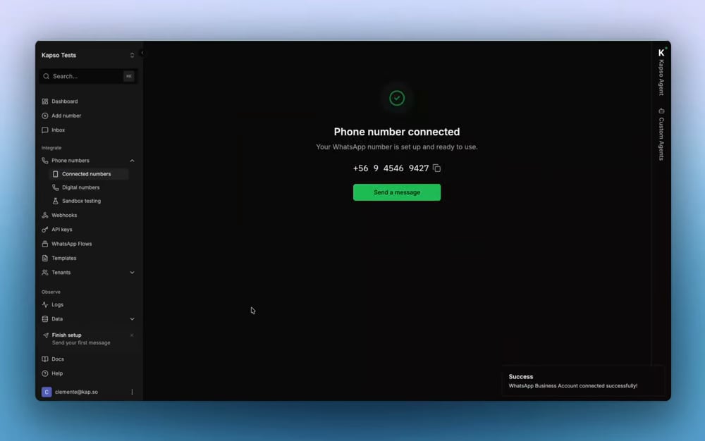 Kapso shows the SIM phone number as connected after Meta returns to the app.