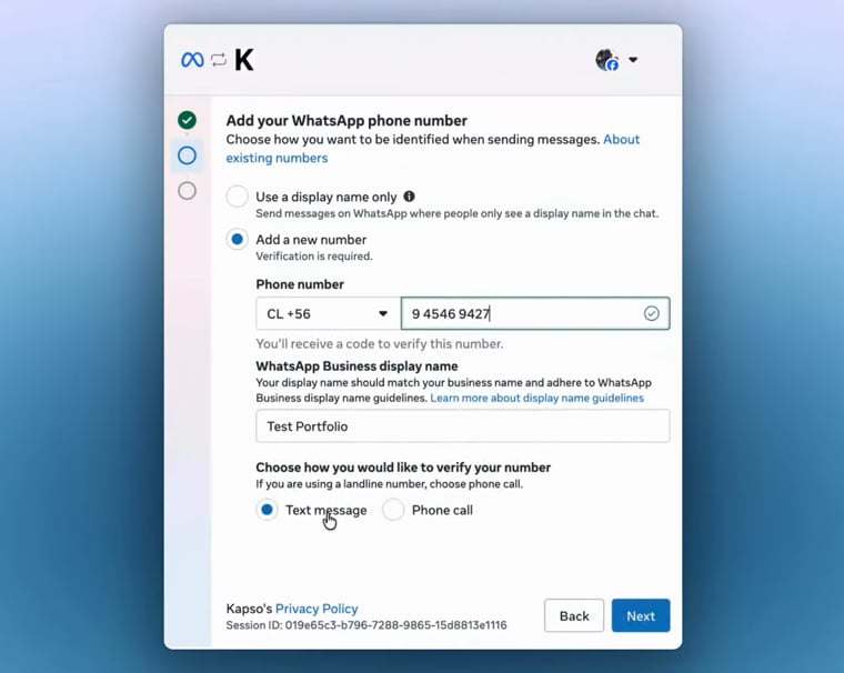 Meta asks for the SIM phone number, display name, and verification method.